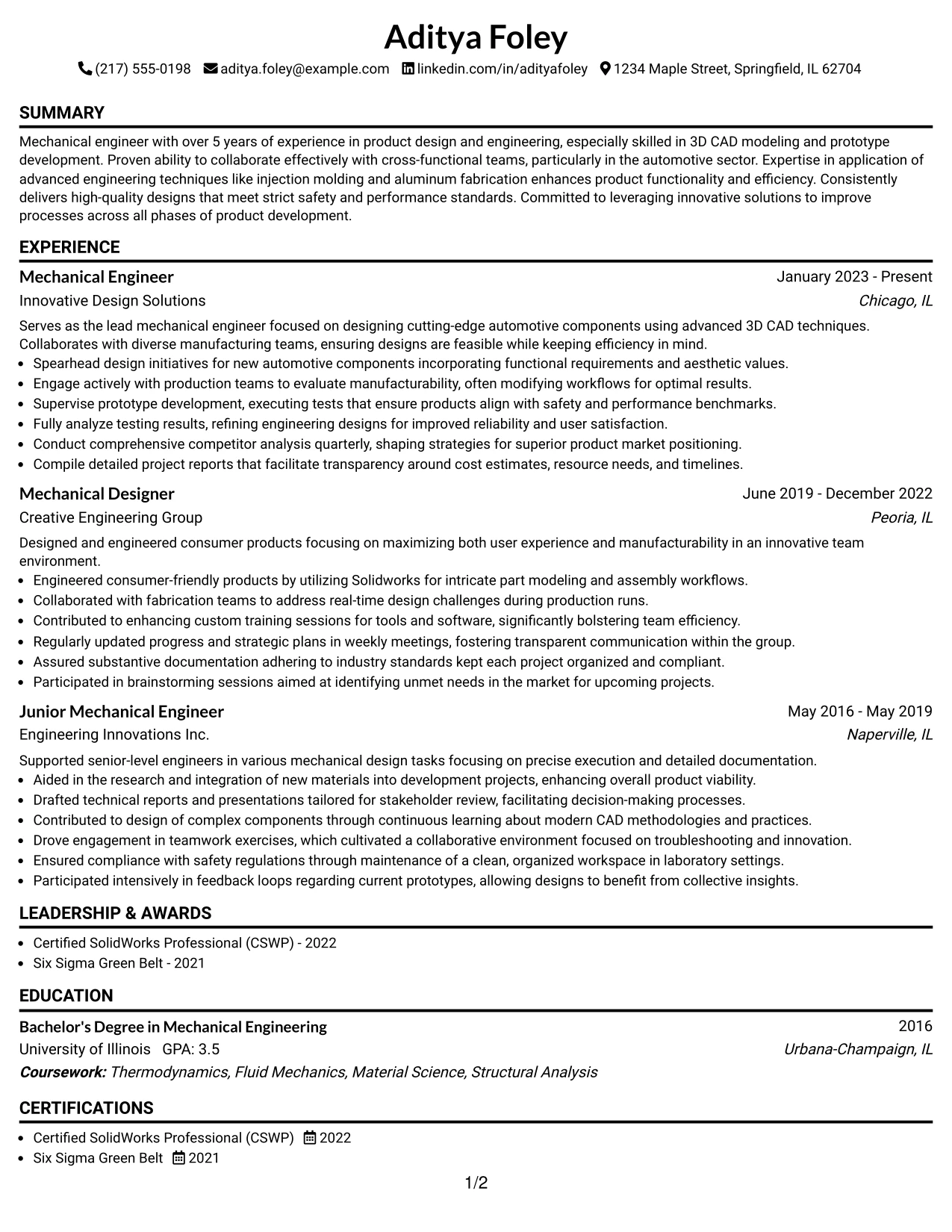 Resume Example Page 1