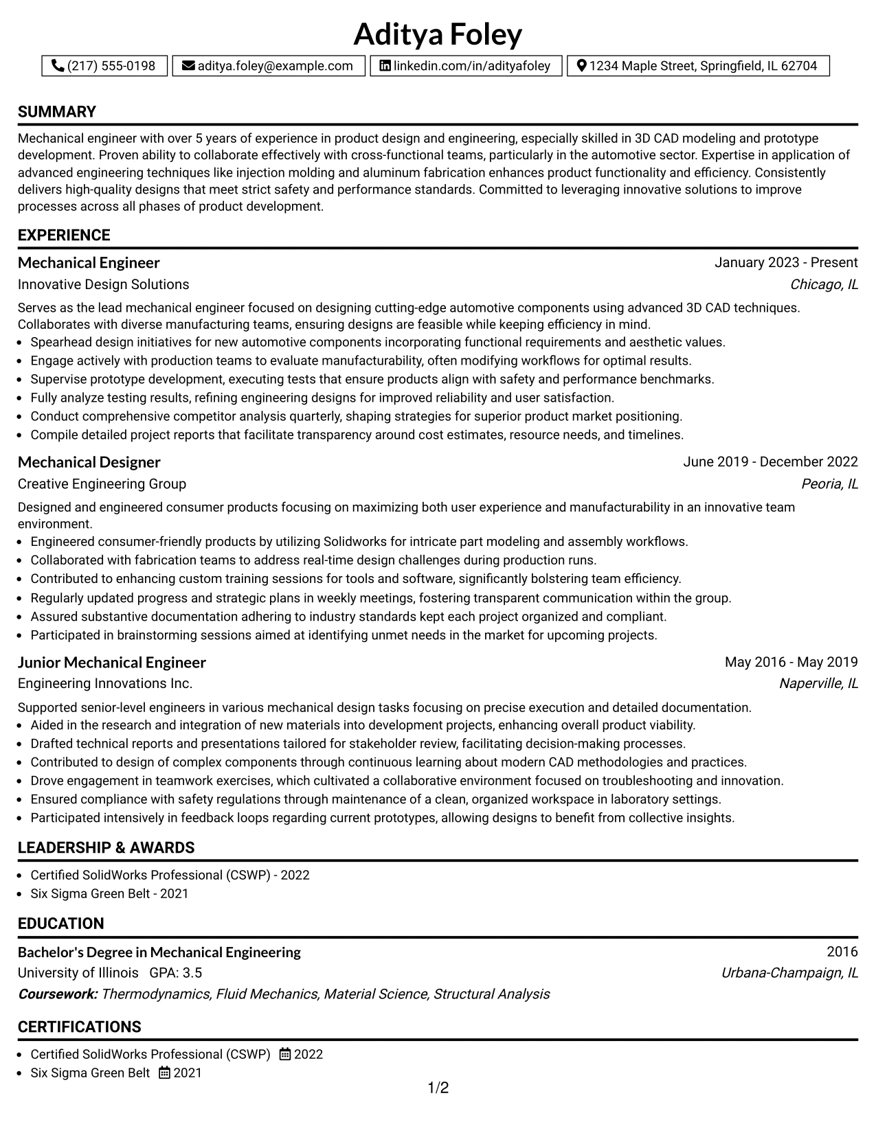 Resume Example Page 1