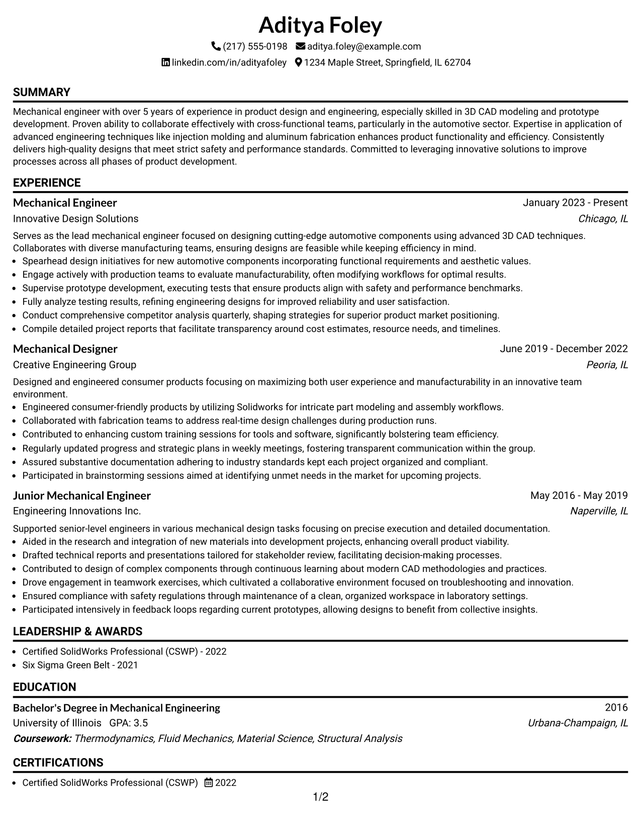 Resume Example Page 1
