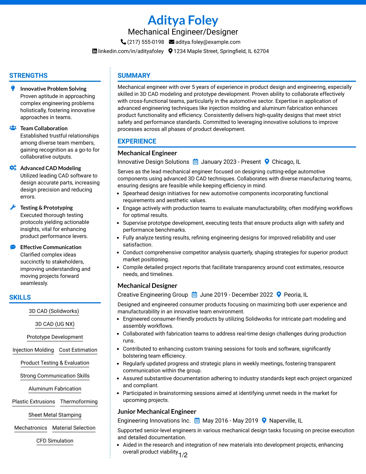 Resume Example Page 1