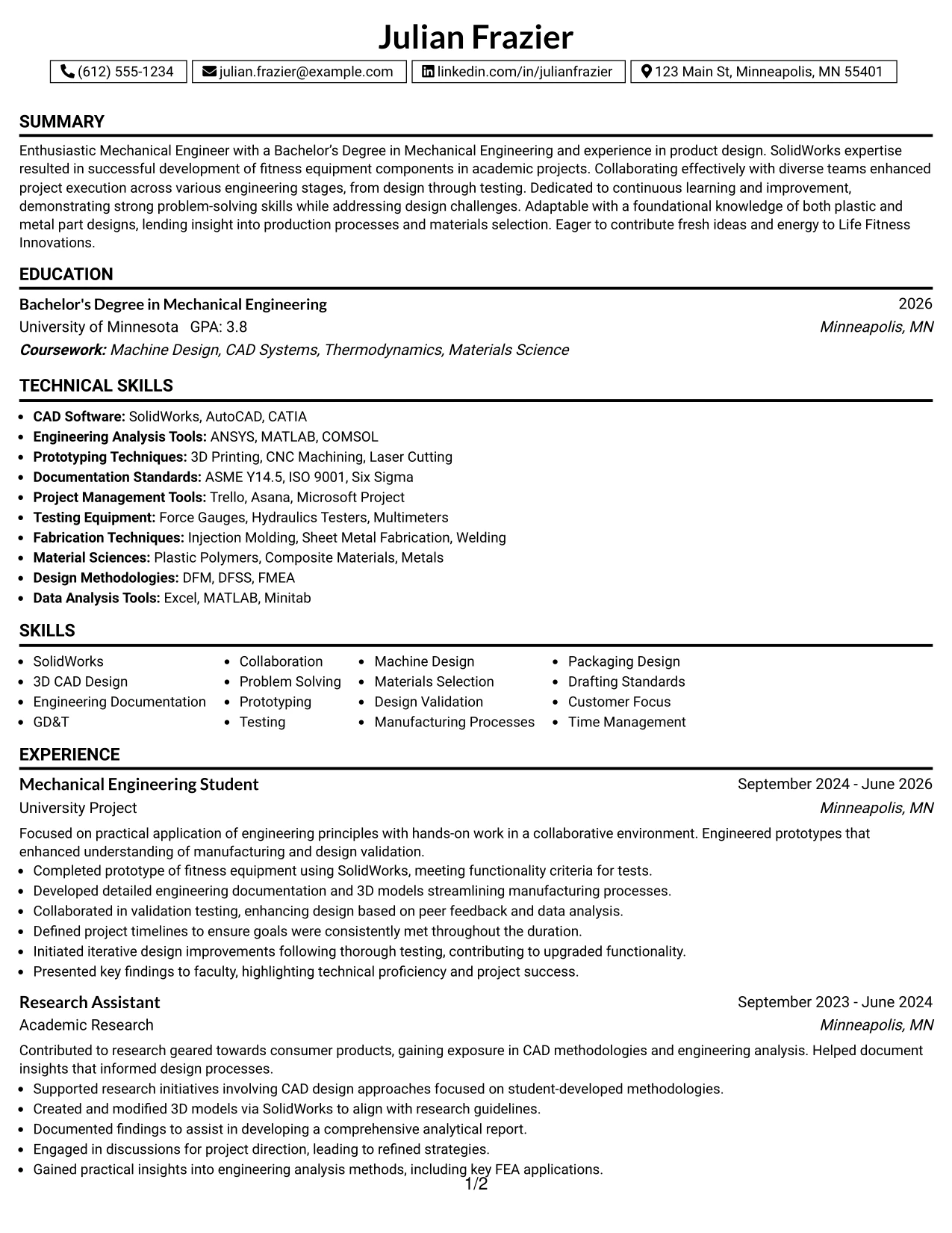 Resume Example Page 1
