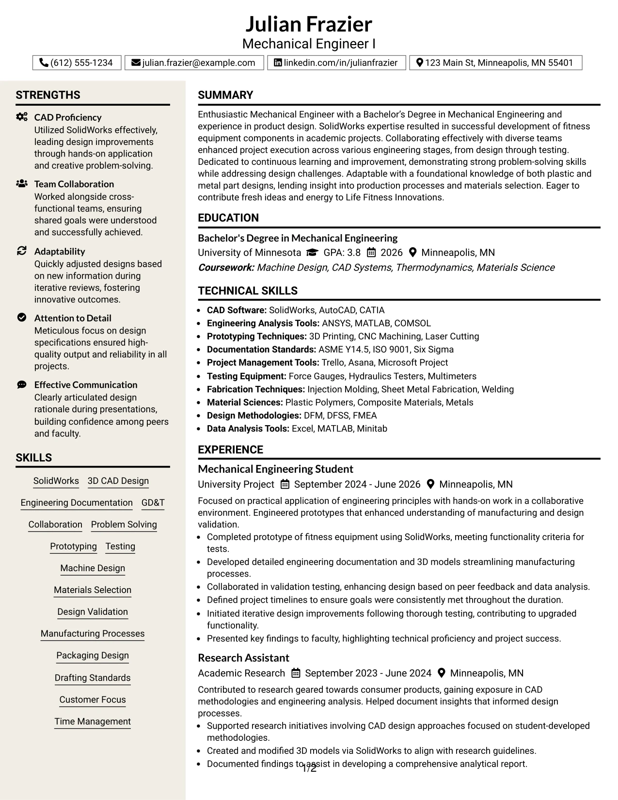 Resume Example Page 1