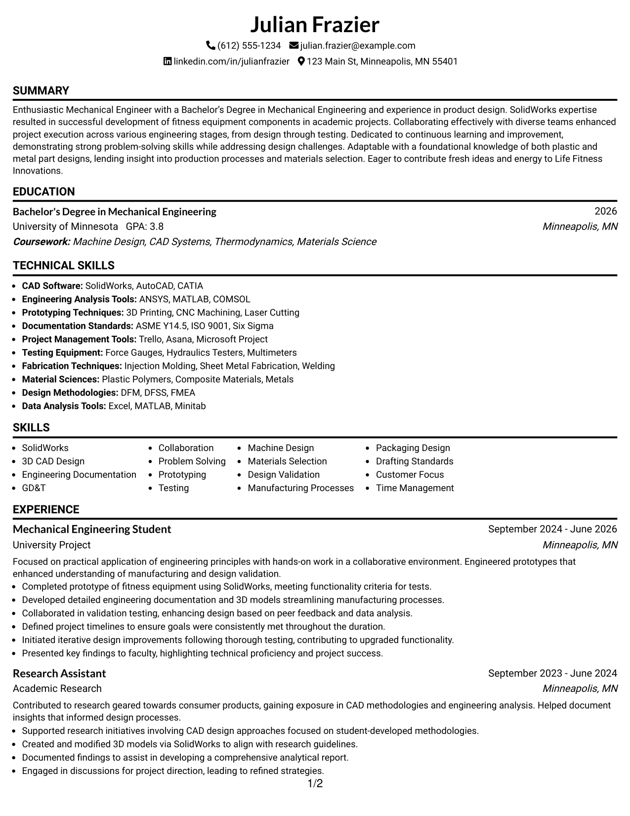 Resume Example Page 1