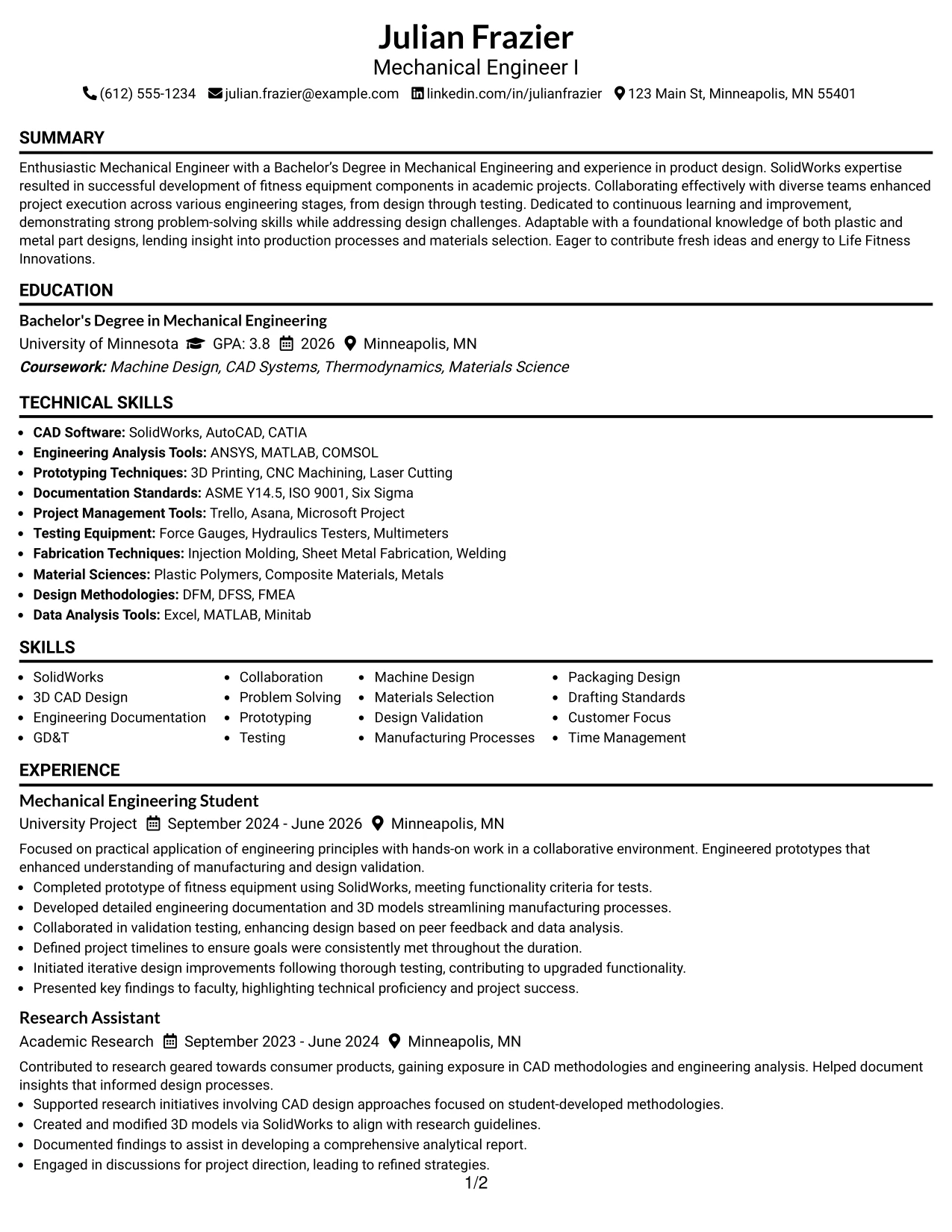 Resume Example Page 1