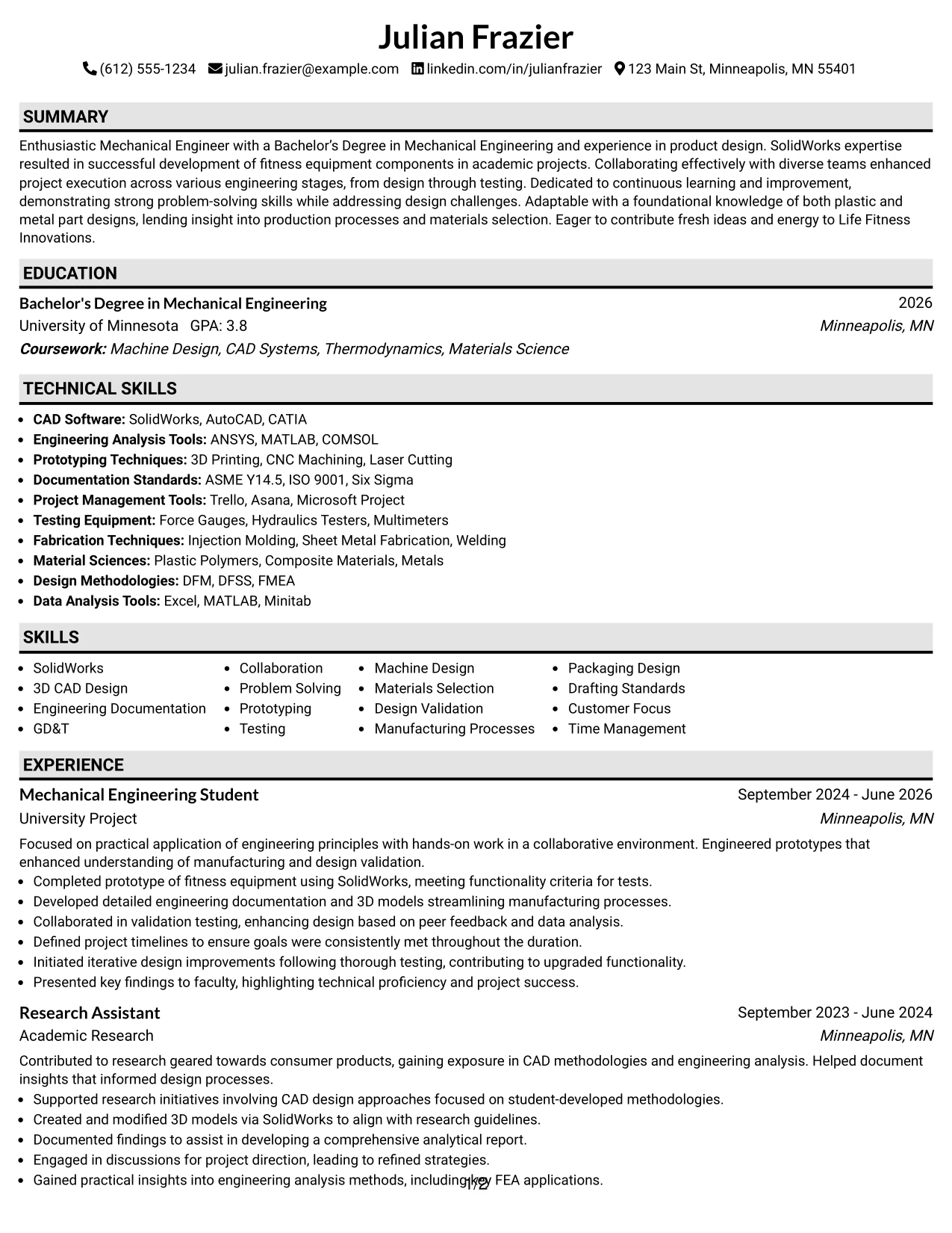 Resume Example Page 1