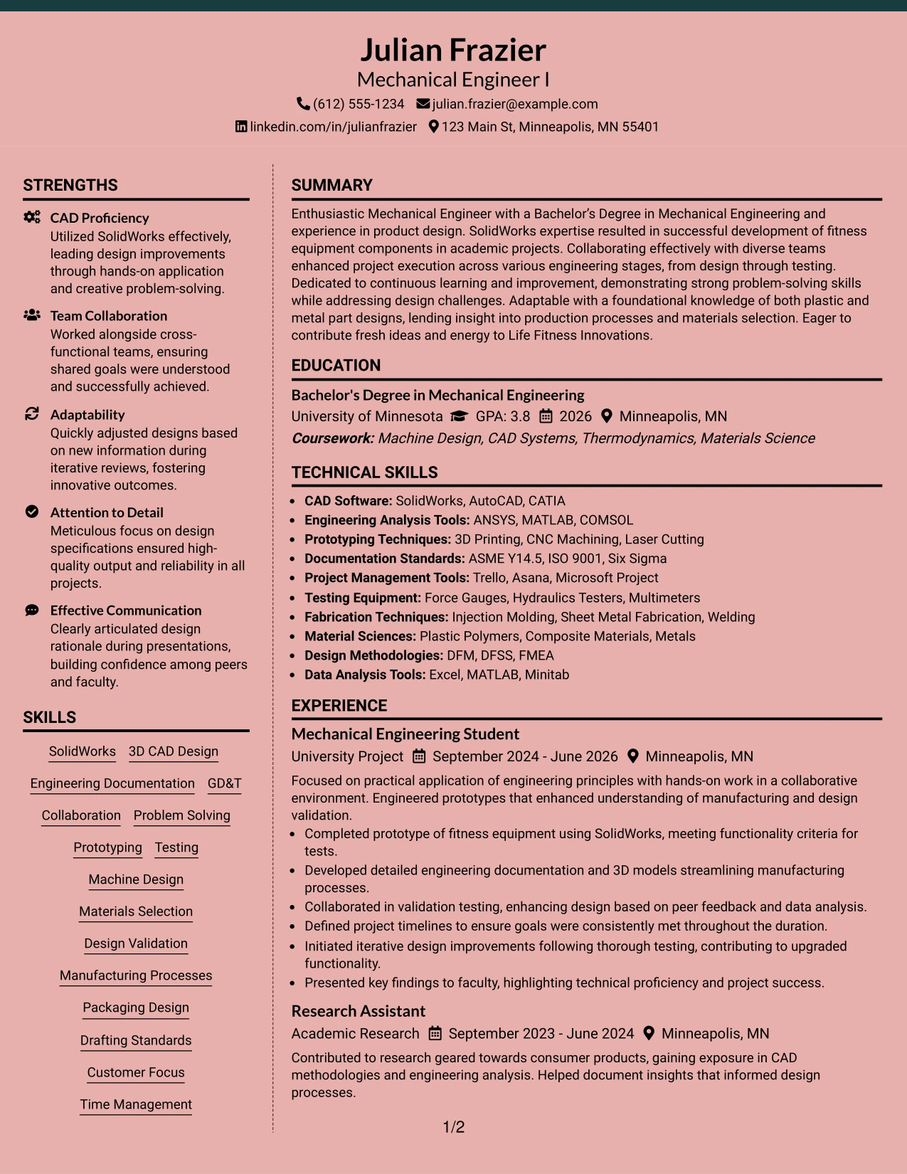 Resume Example Page 1