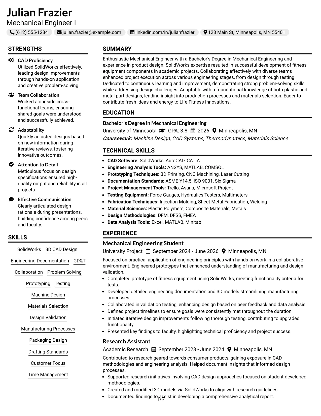 Resume Example Page 1