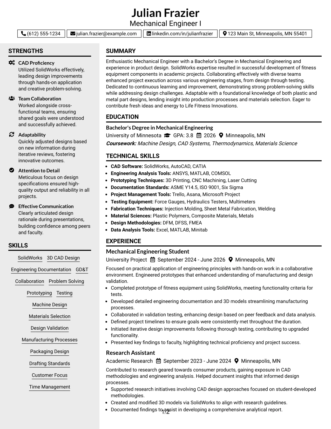 Resume Example Page 1