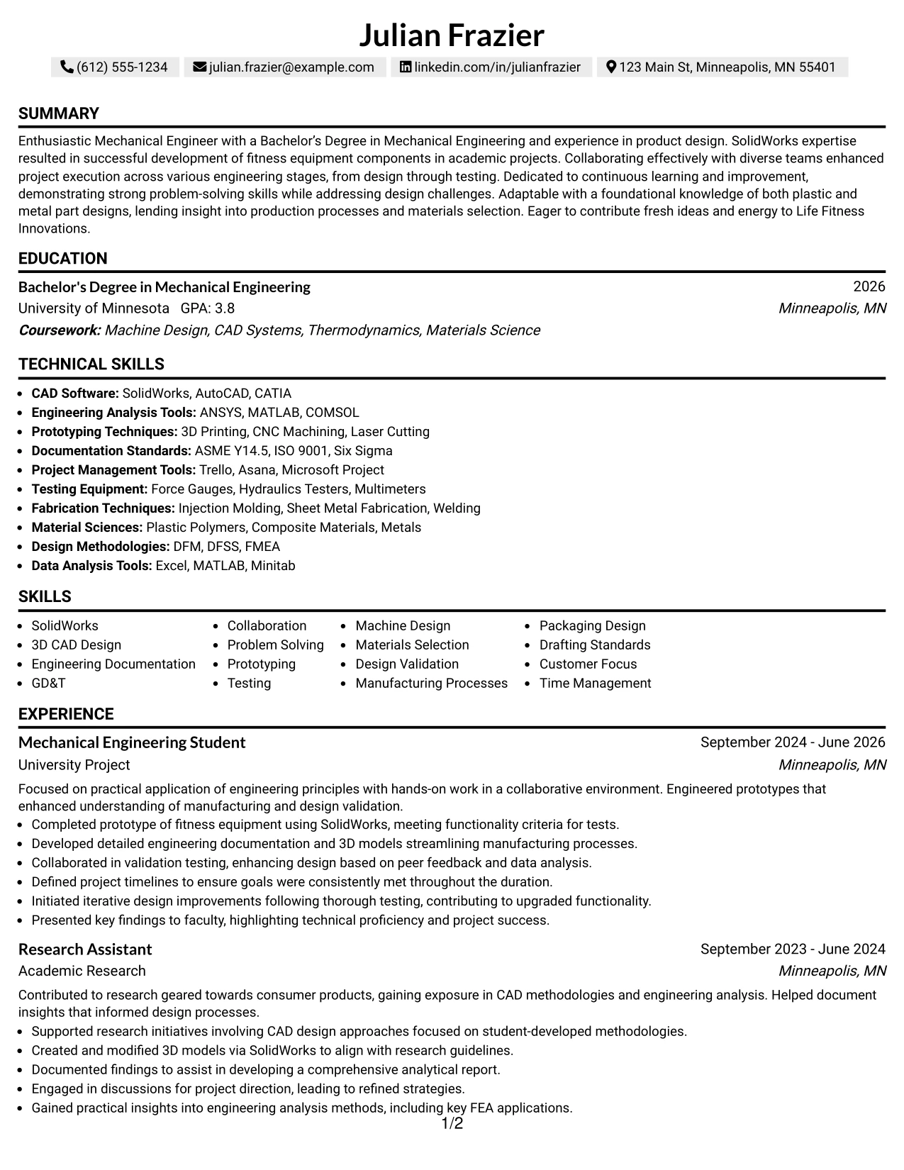 Resume Example Page 1