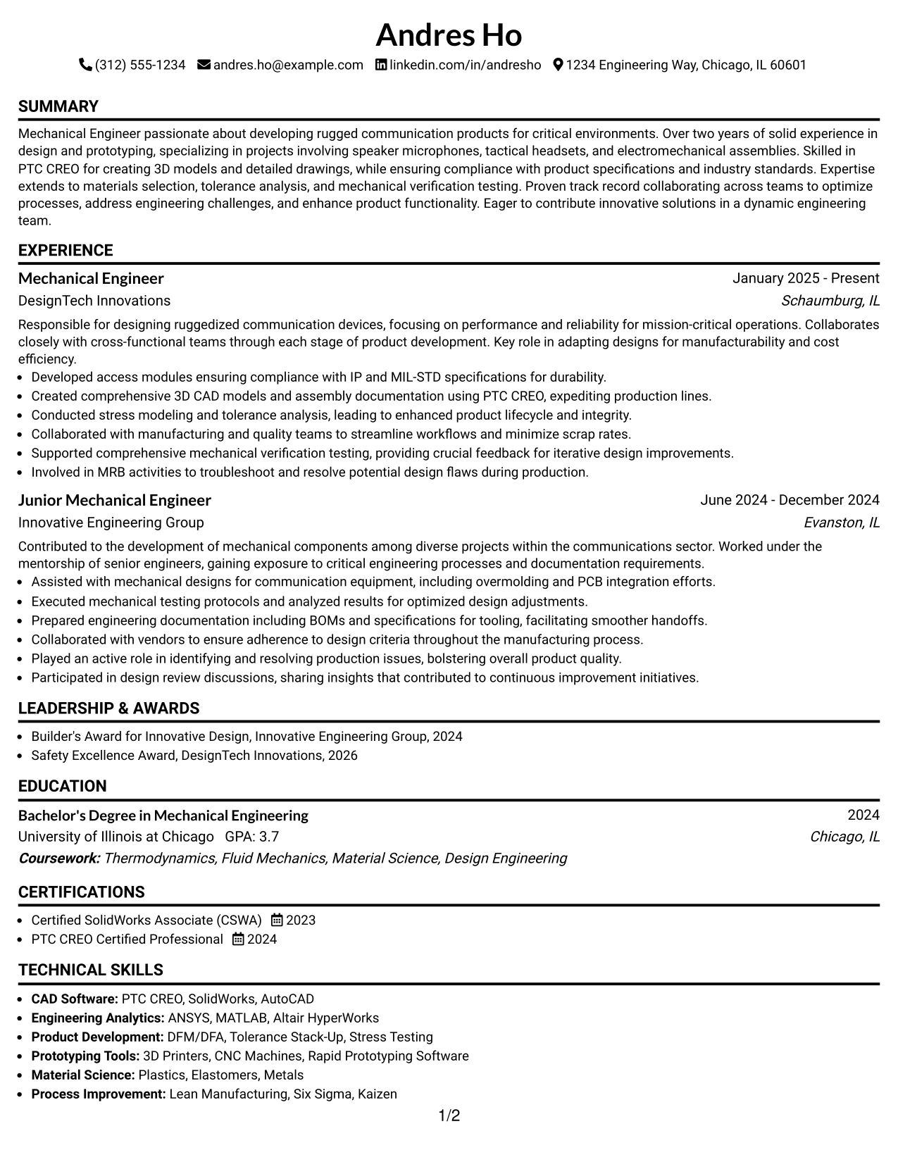Resume Example Page 1