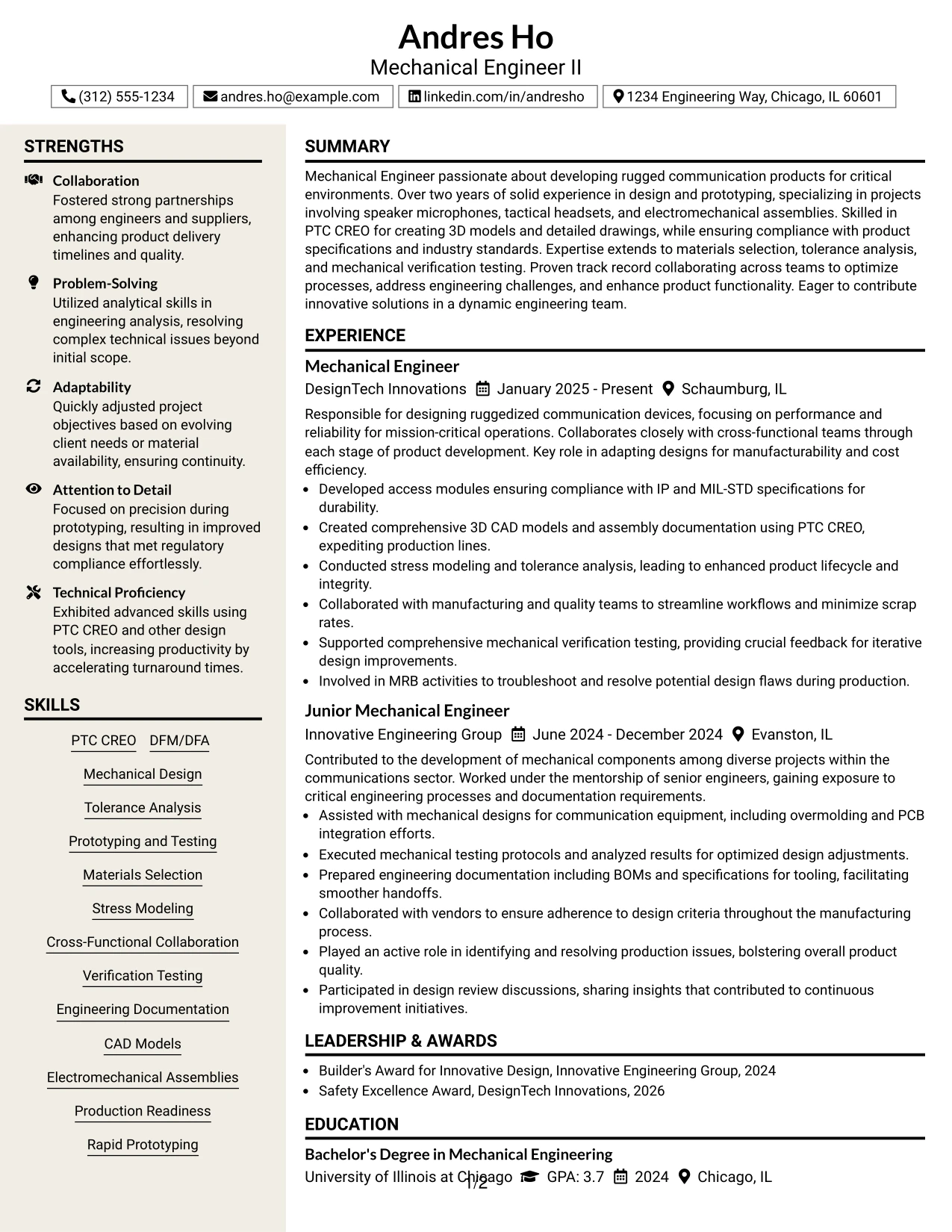 Resume Example Page 1