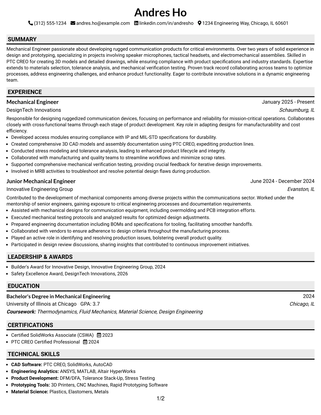 Resume Example Page 1