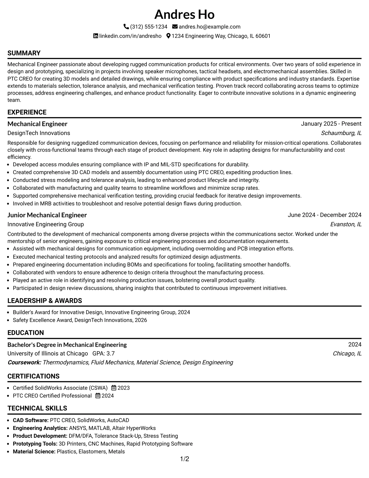 Resume Example Page 1