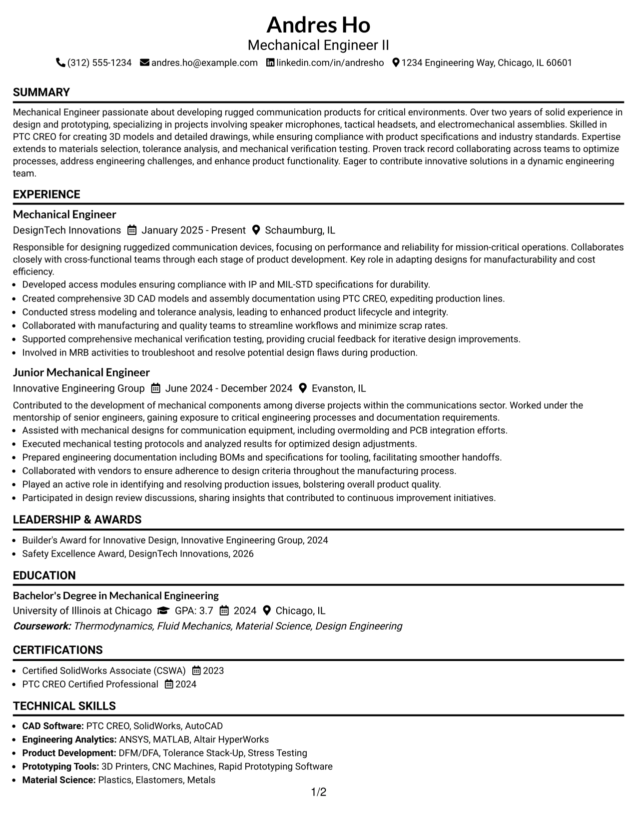 Resume Example Page 1