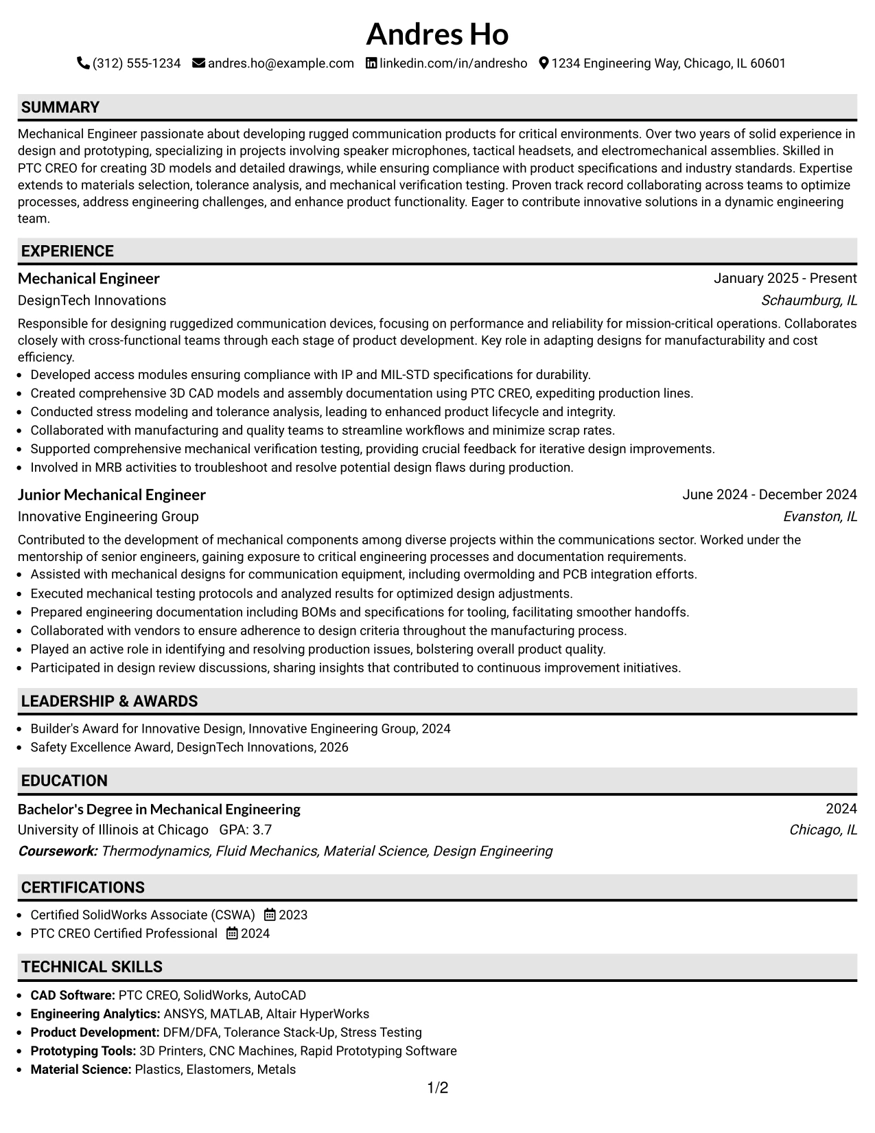 Resume Example Page 1