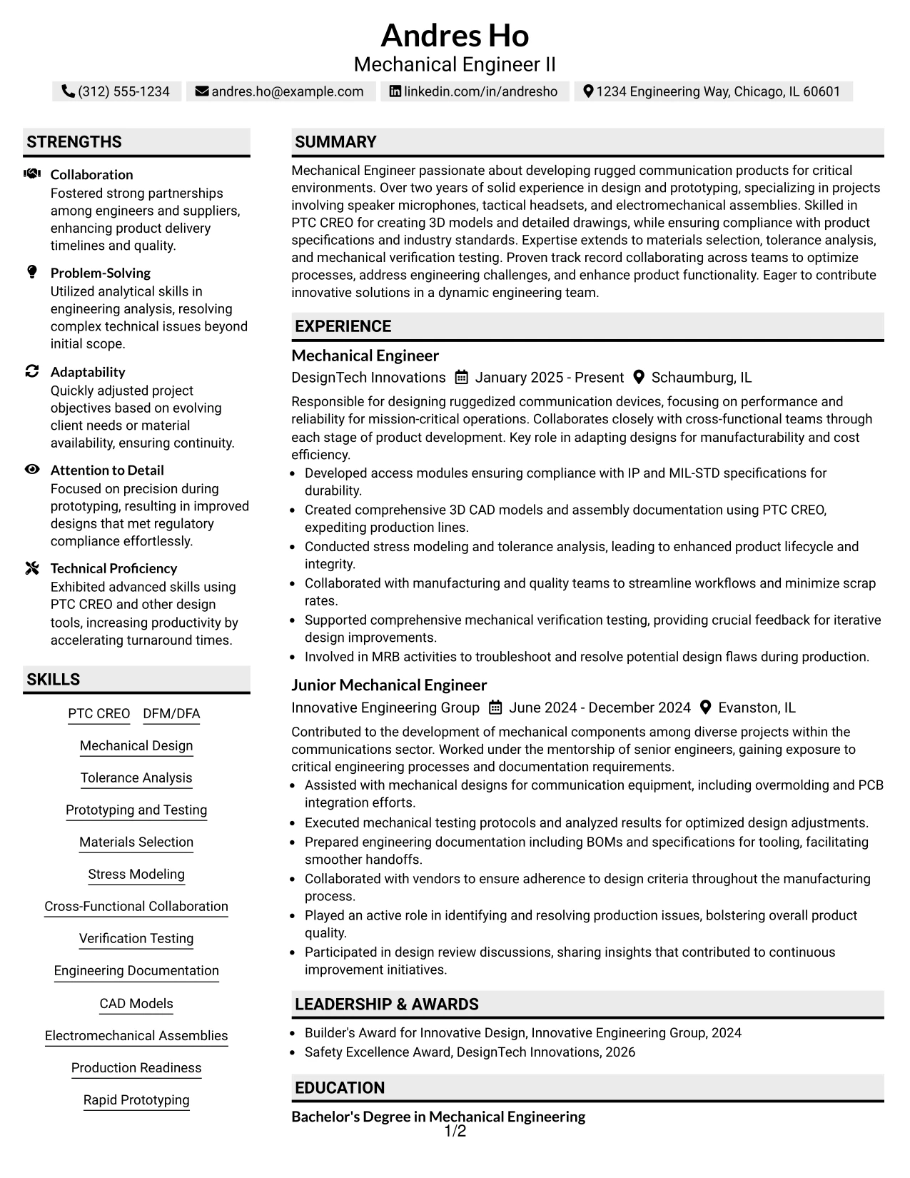 Resume Example Page 1