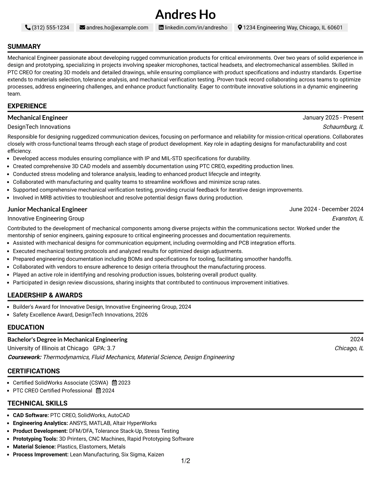 Resume Example Page 1