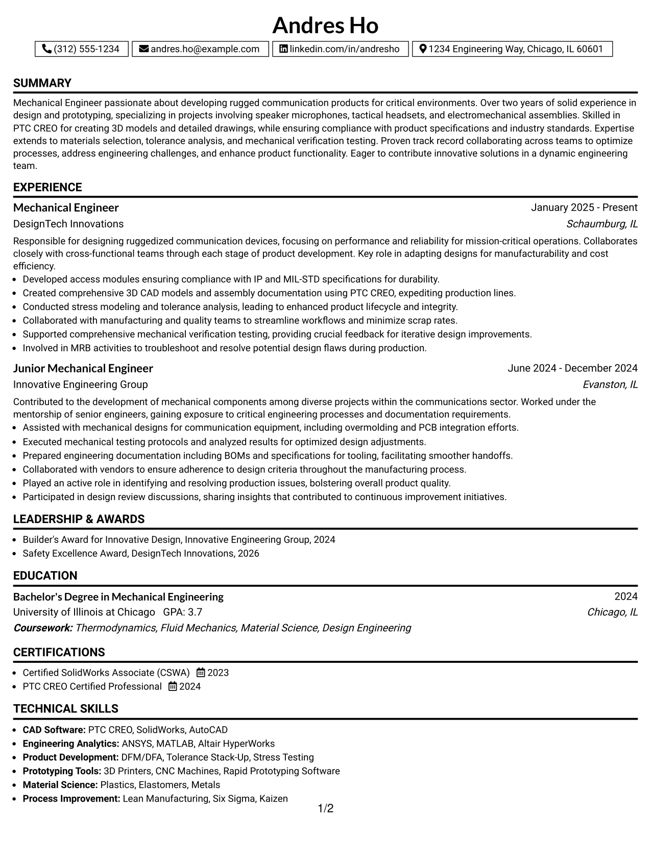 Resume Example Page 1