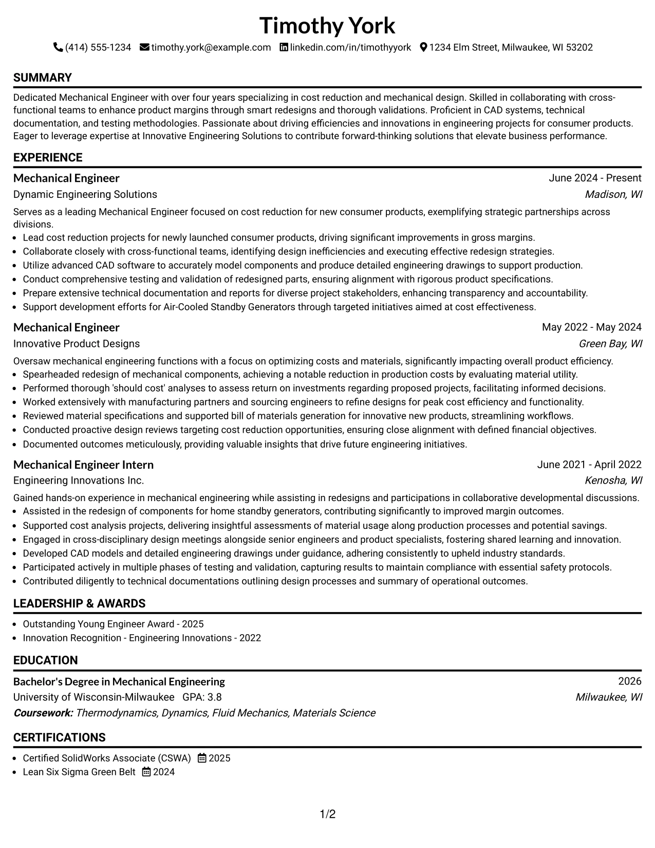 Resume Example Page 1