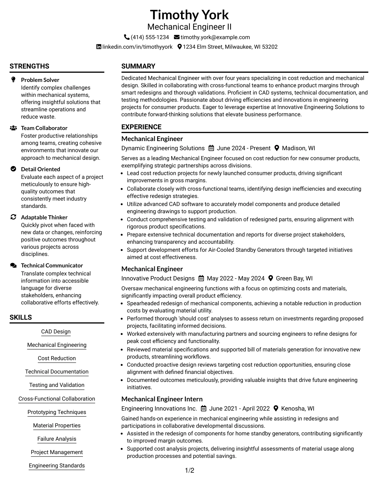 Resume Example Page 1