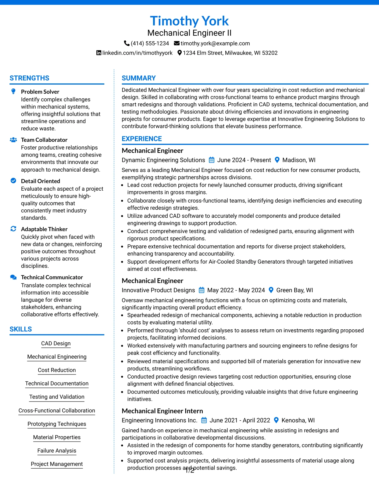 Resume Example Page 1