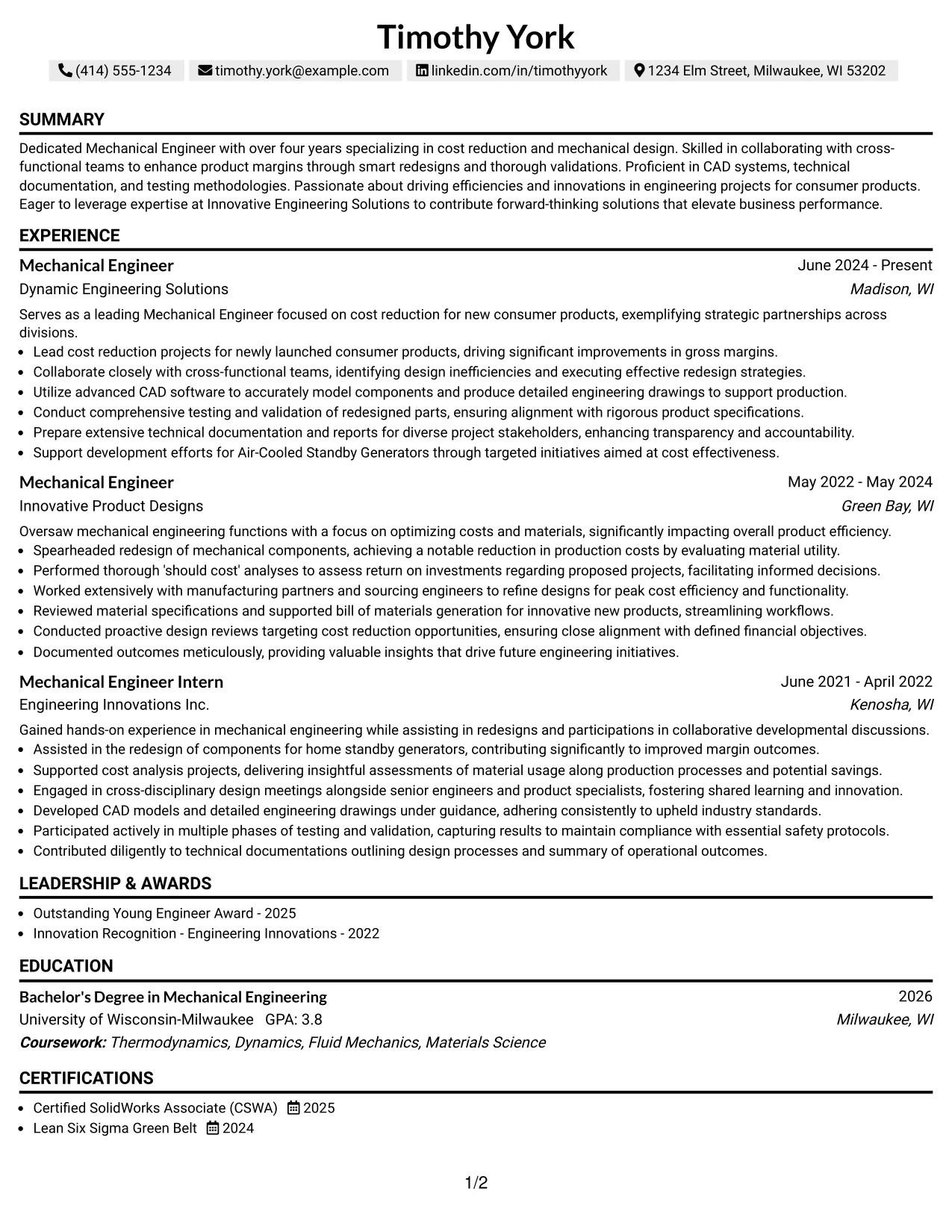 Resume Example Page 1
