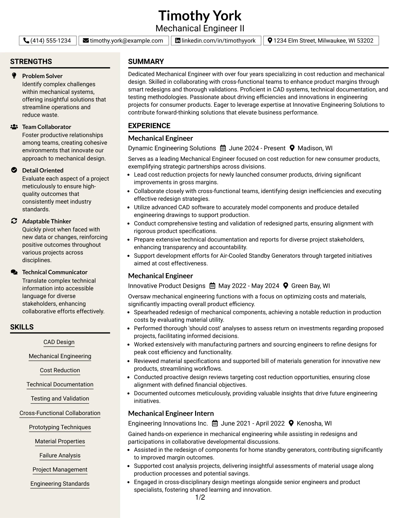 Resume Example Page 1