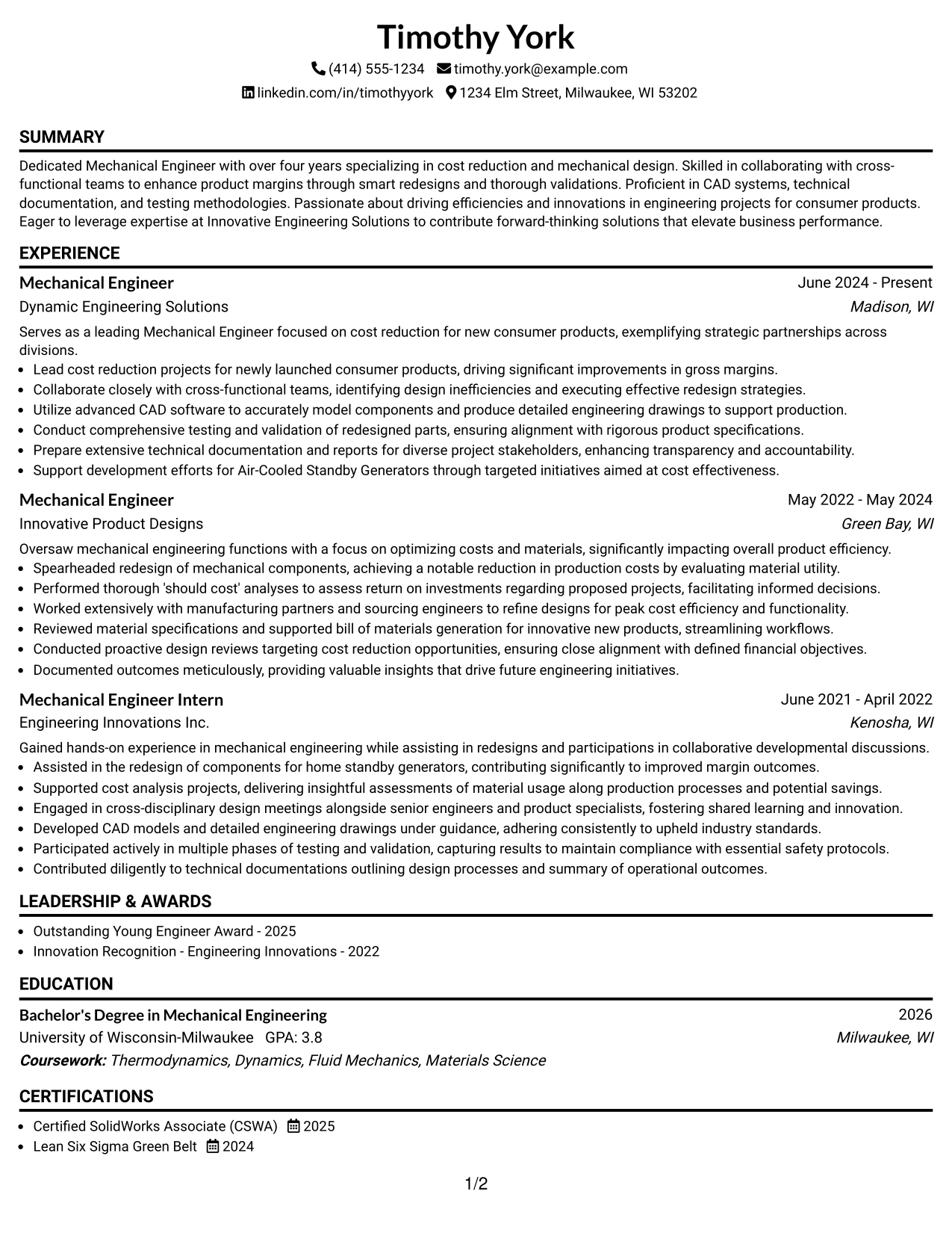 Resume Example Page 1
