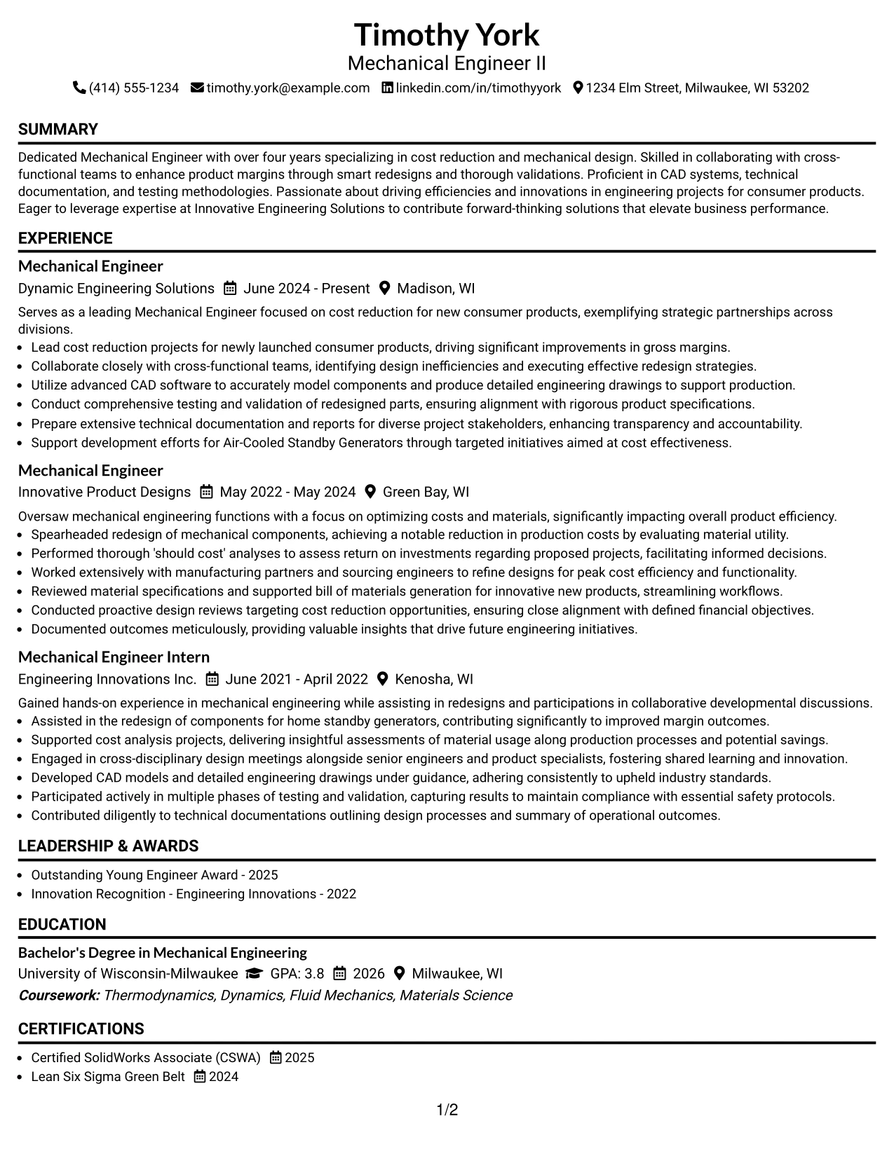Resume Example Page 1