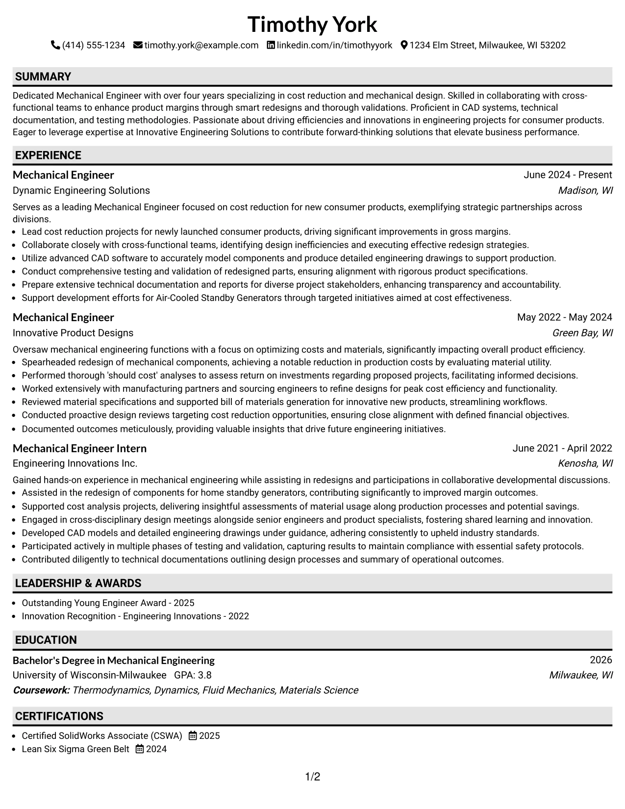 Resume Example Page 1