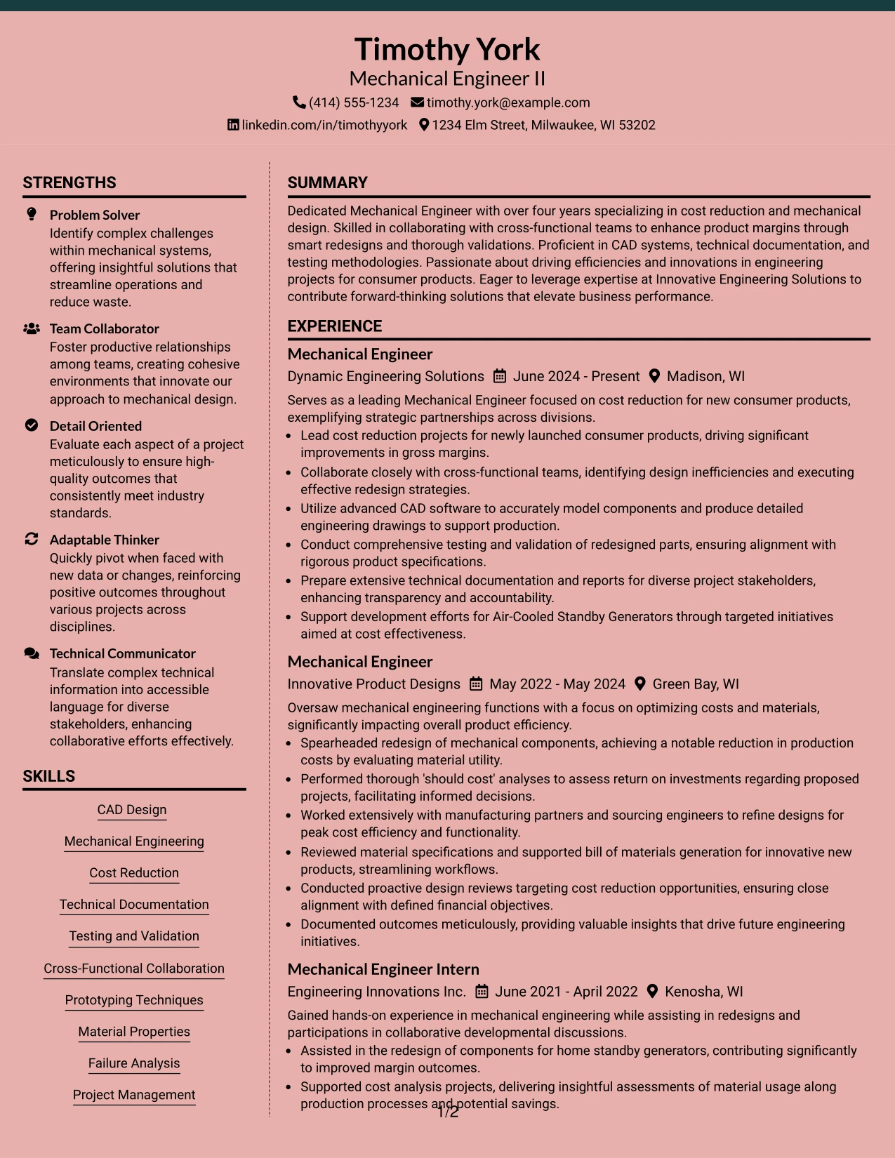 Resume Example Page 1
