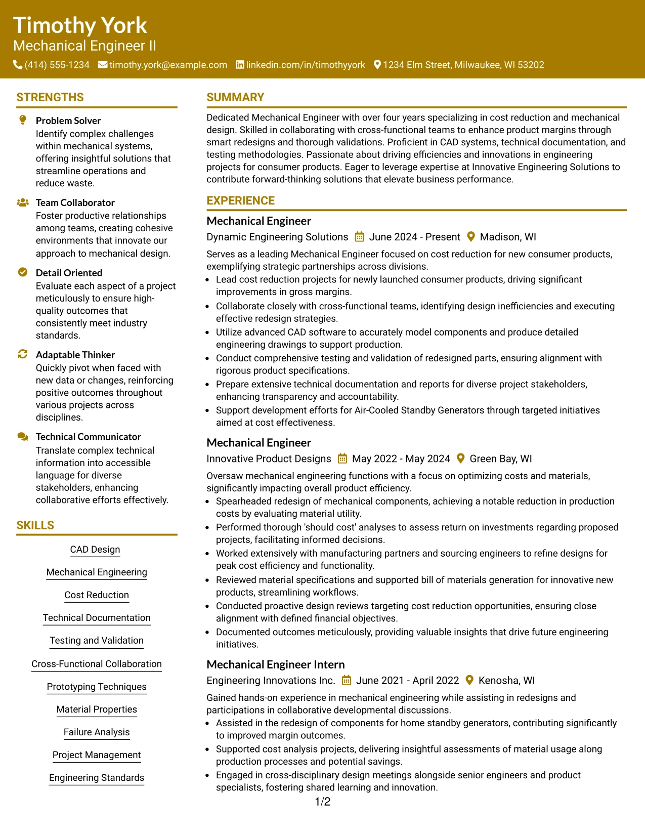 Resume Example Page 1