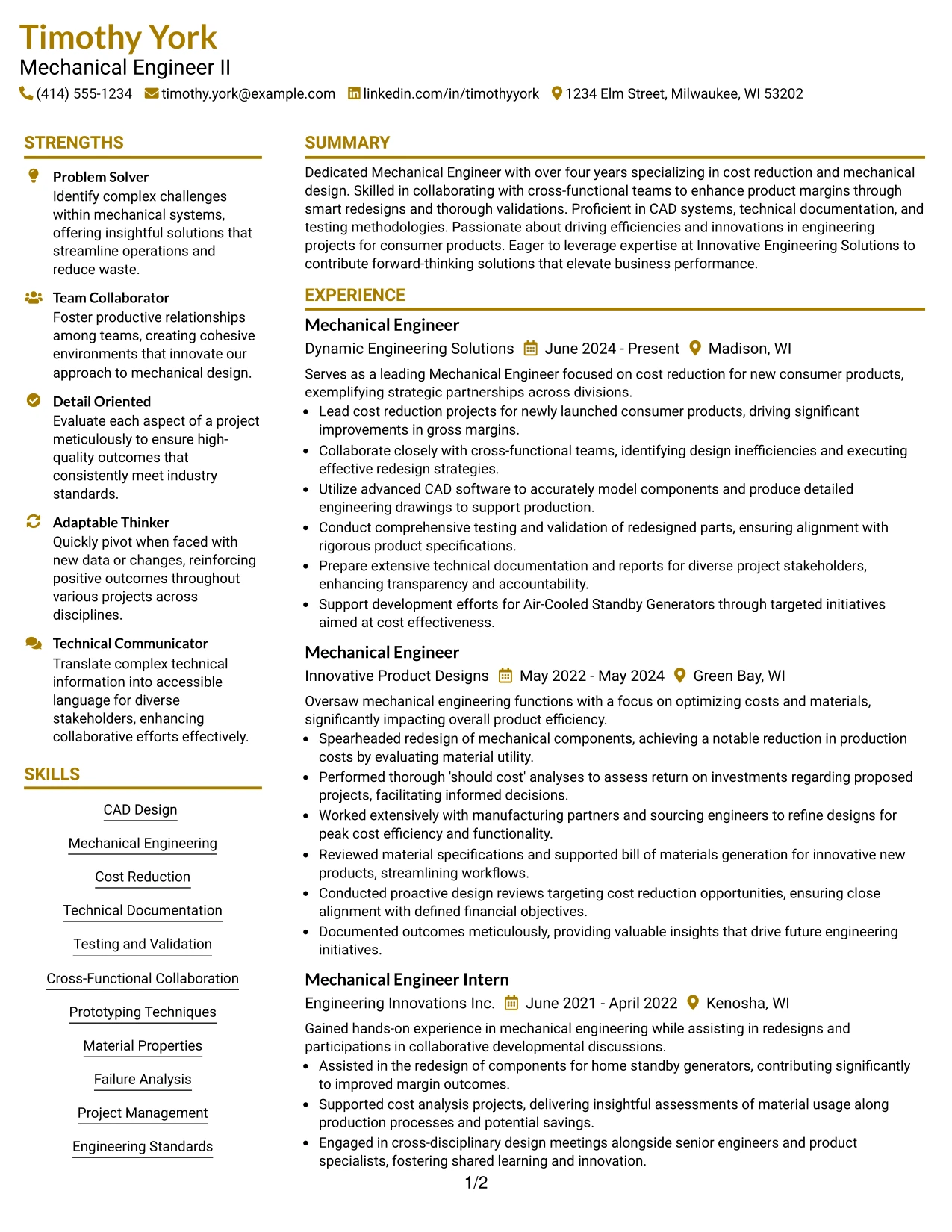 Resume Example Page 1
