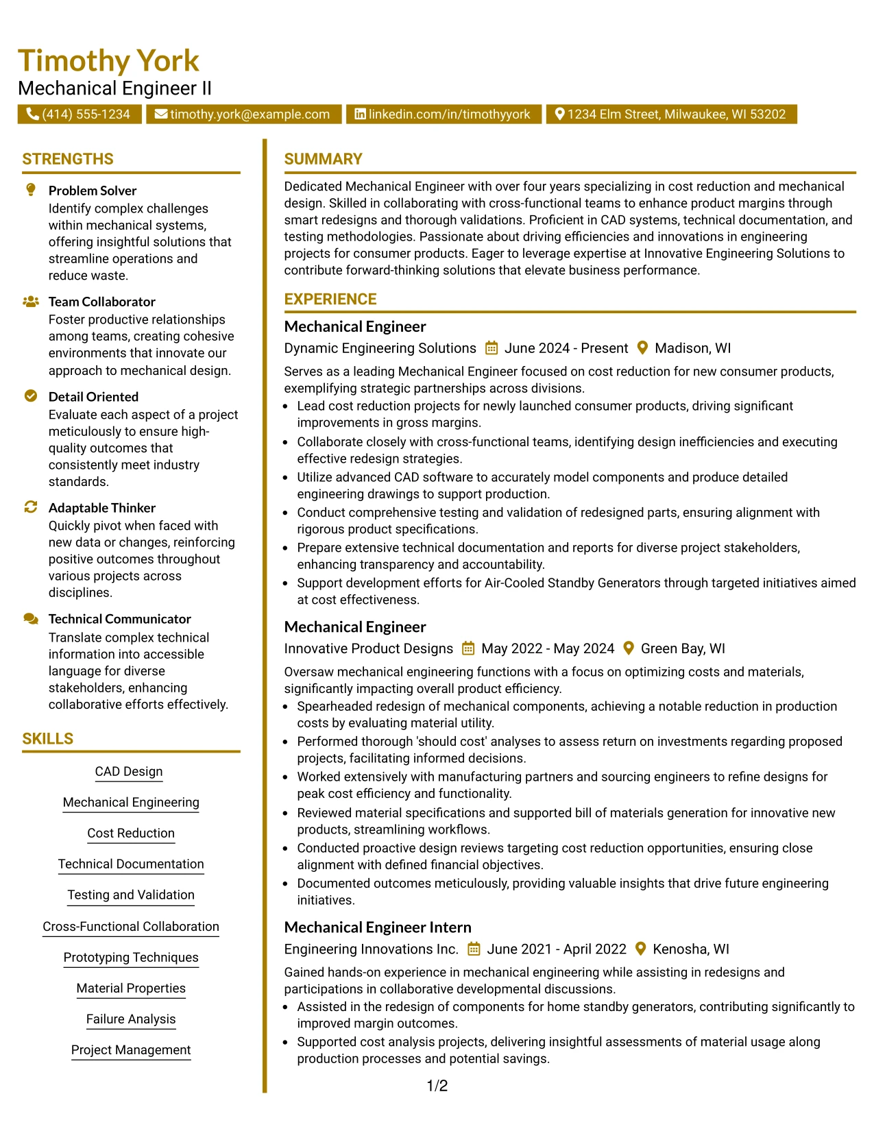 Resume Example Page 1