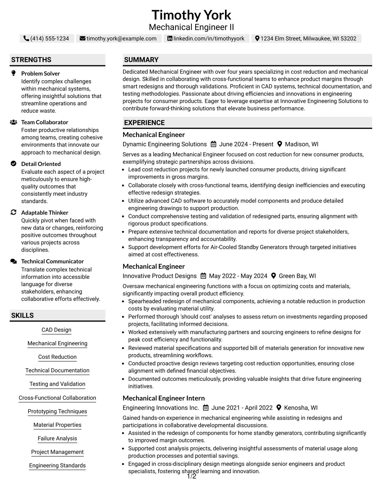 Resume Example Page 1