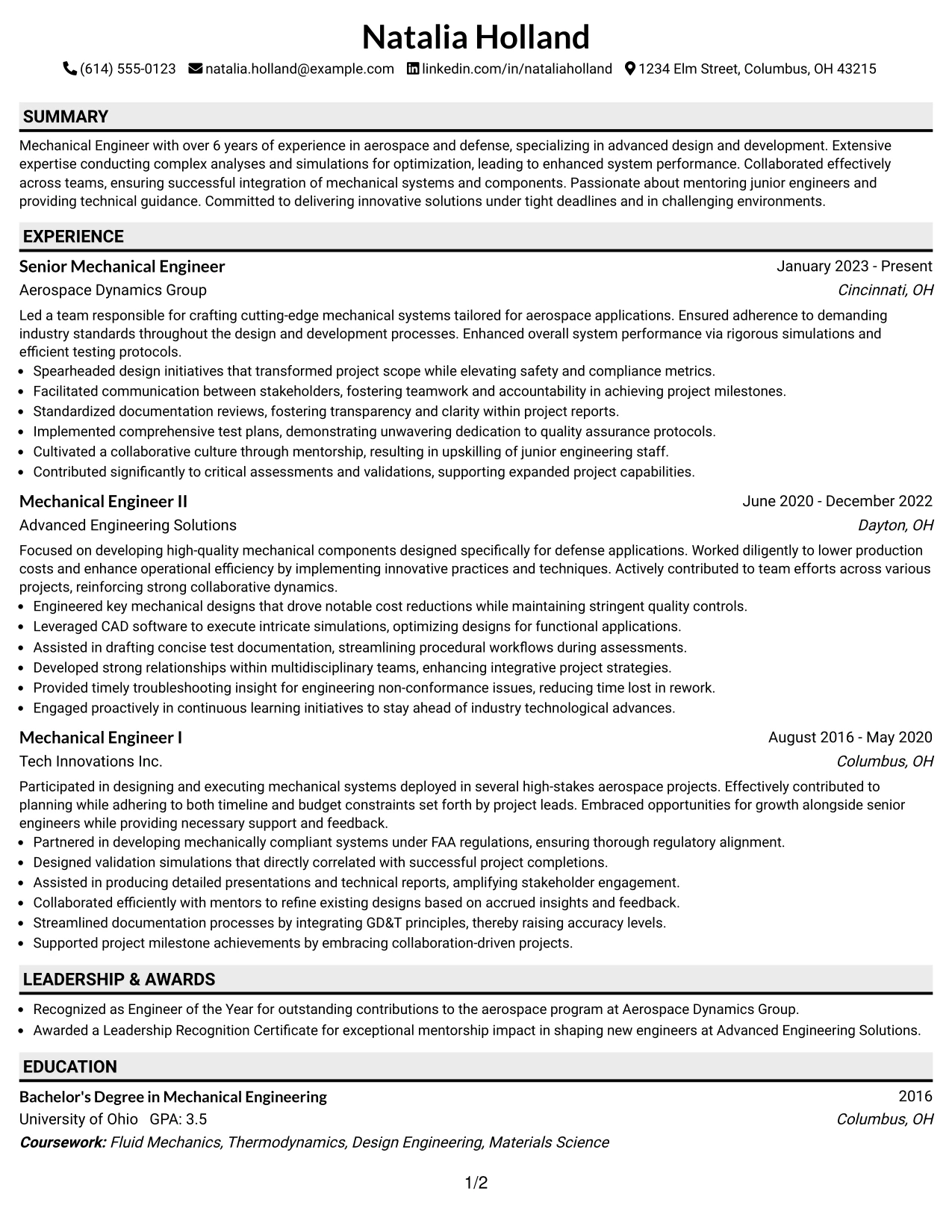 Resume Example Page 1