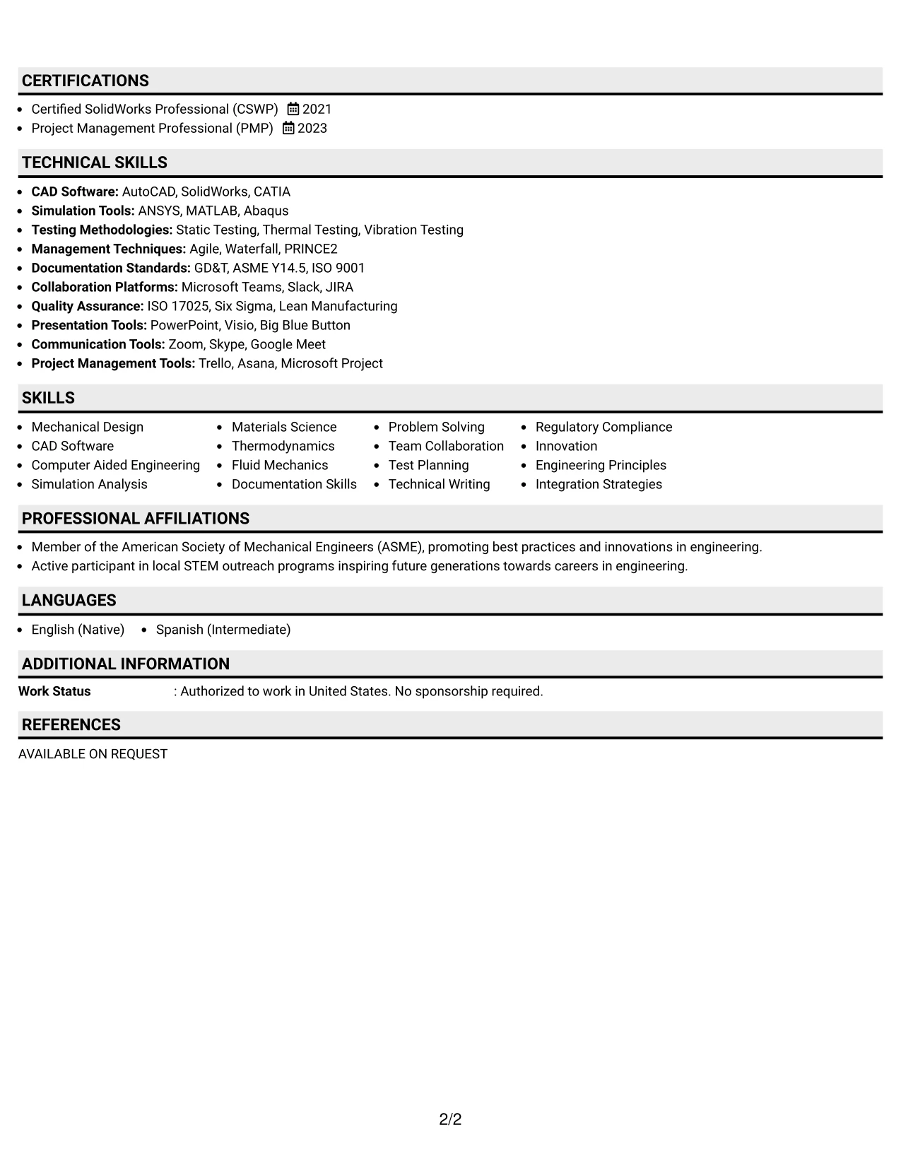 Resume Example Page 2