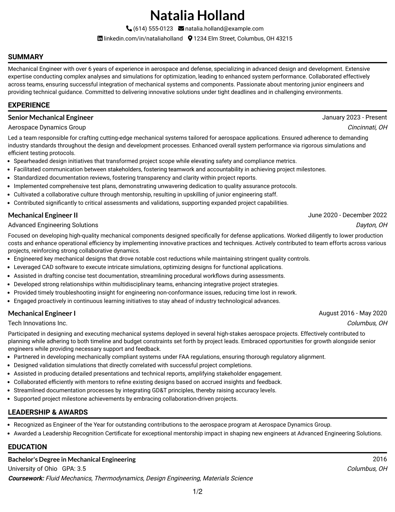 Resume Example Page 1