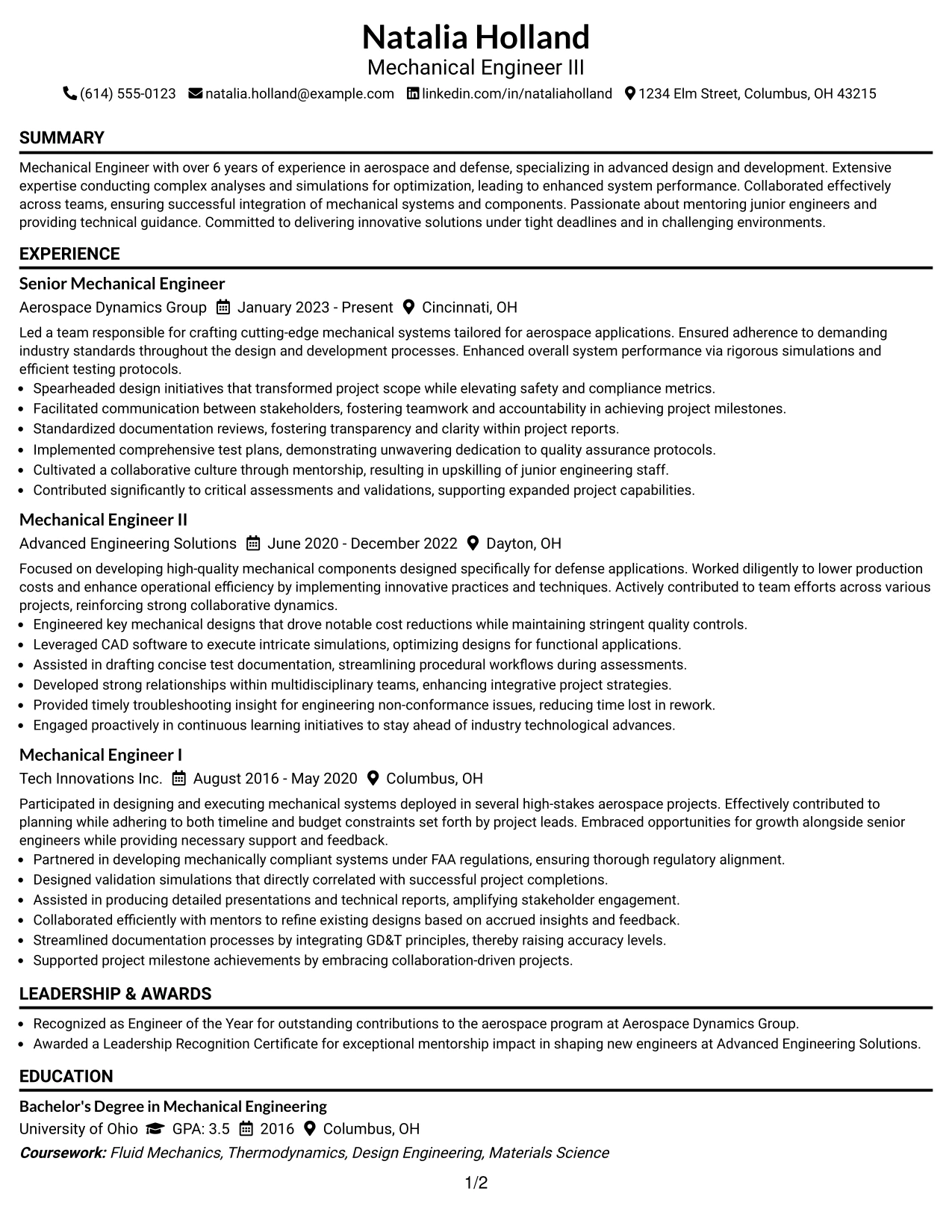Resume Example Page 1