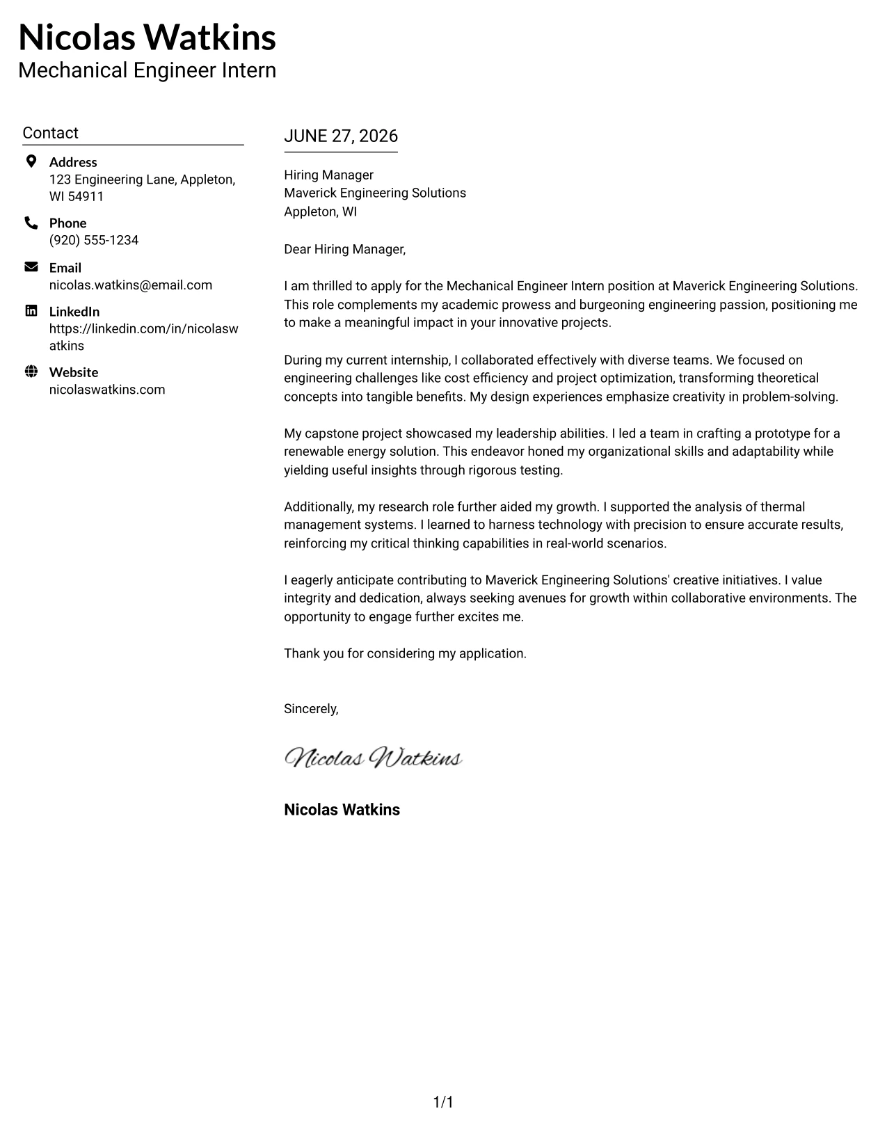 Resume Example Page 1