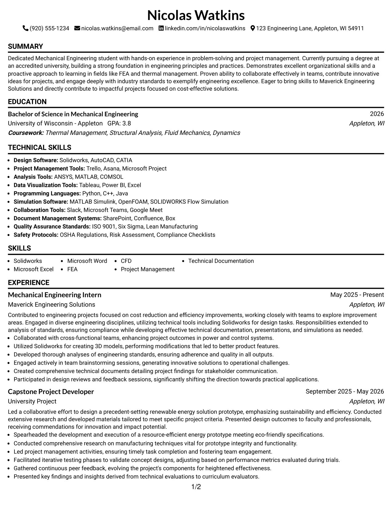 Resume Example Page 1