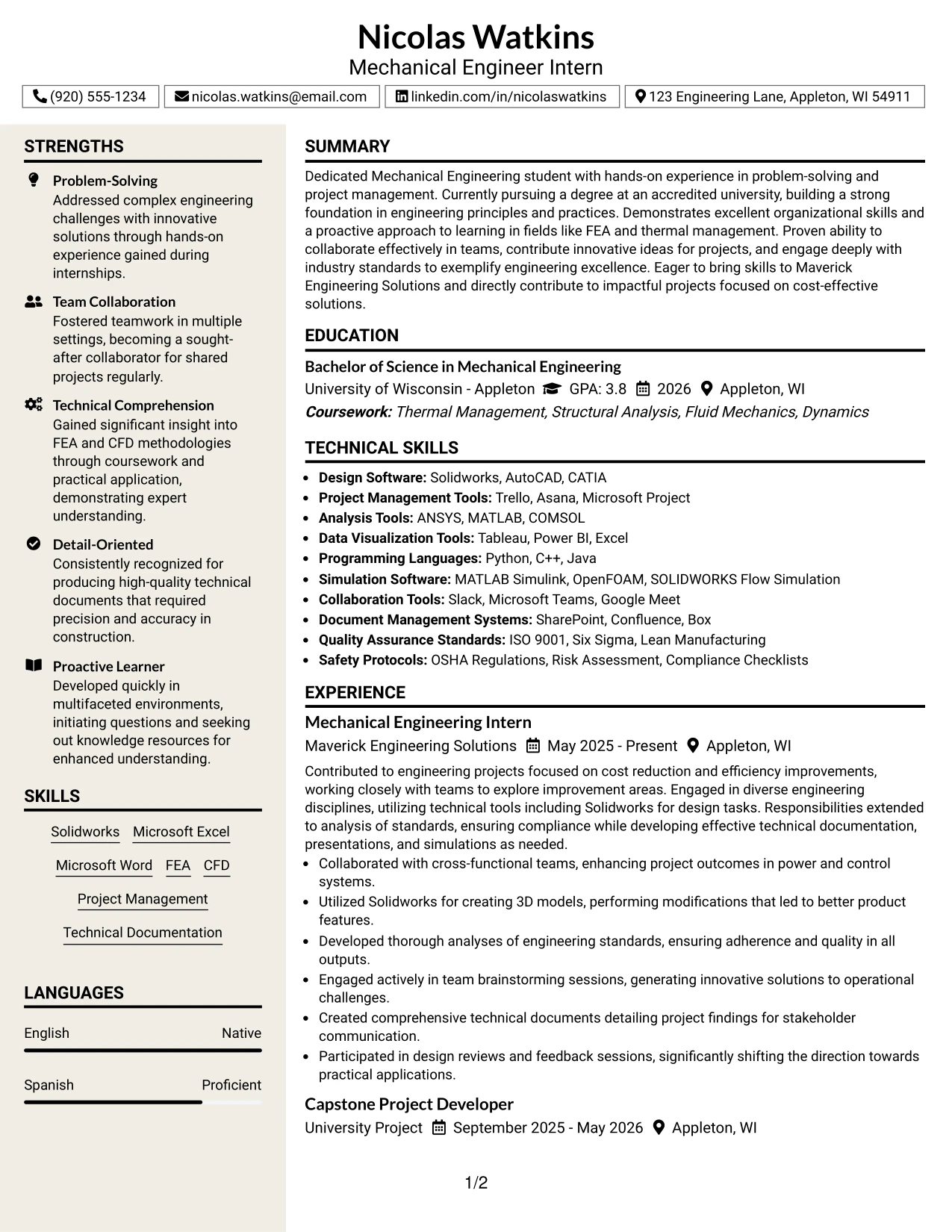 Resume Example Page 1