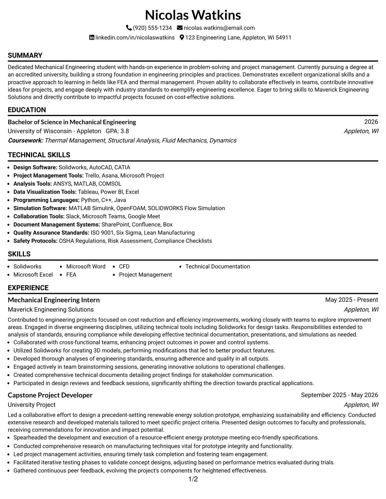 Resume Example Page 1