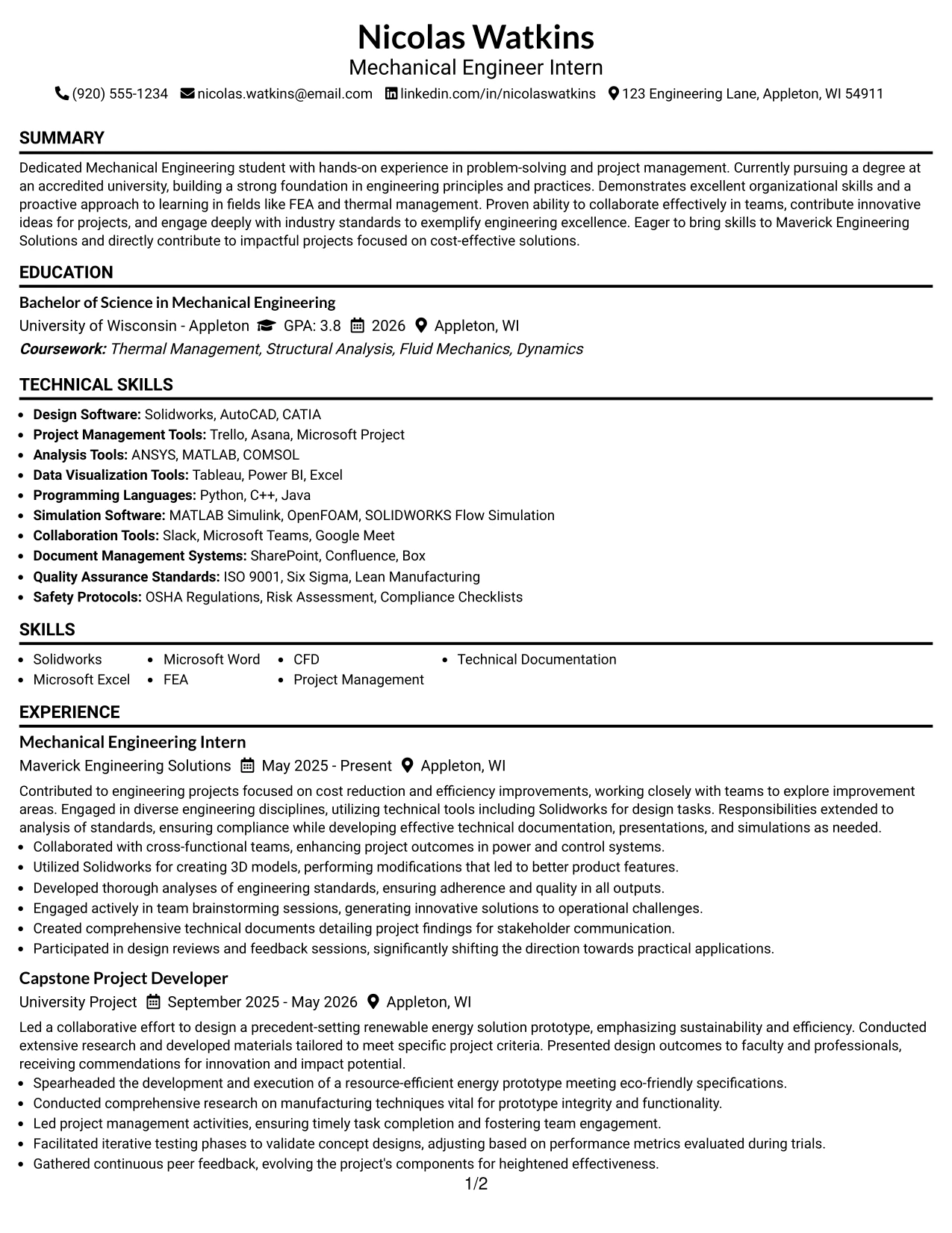 Resume Example Page 1