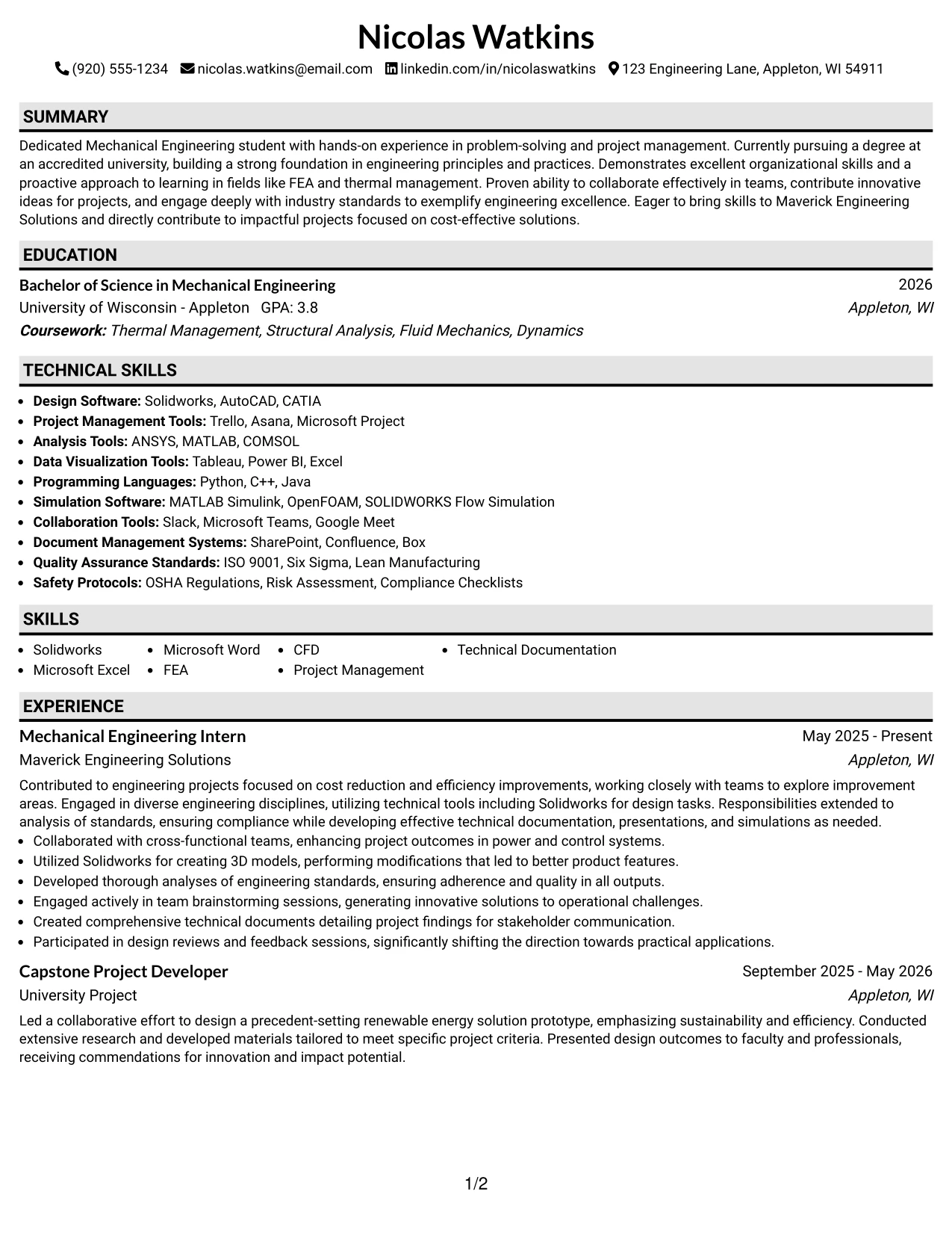 Resume Example Page 1