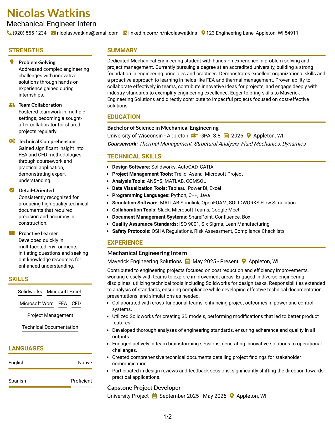 Resume Example Page 1