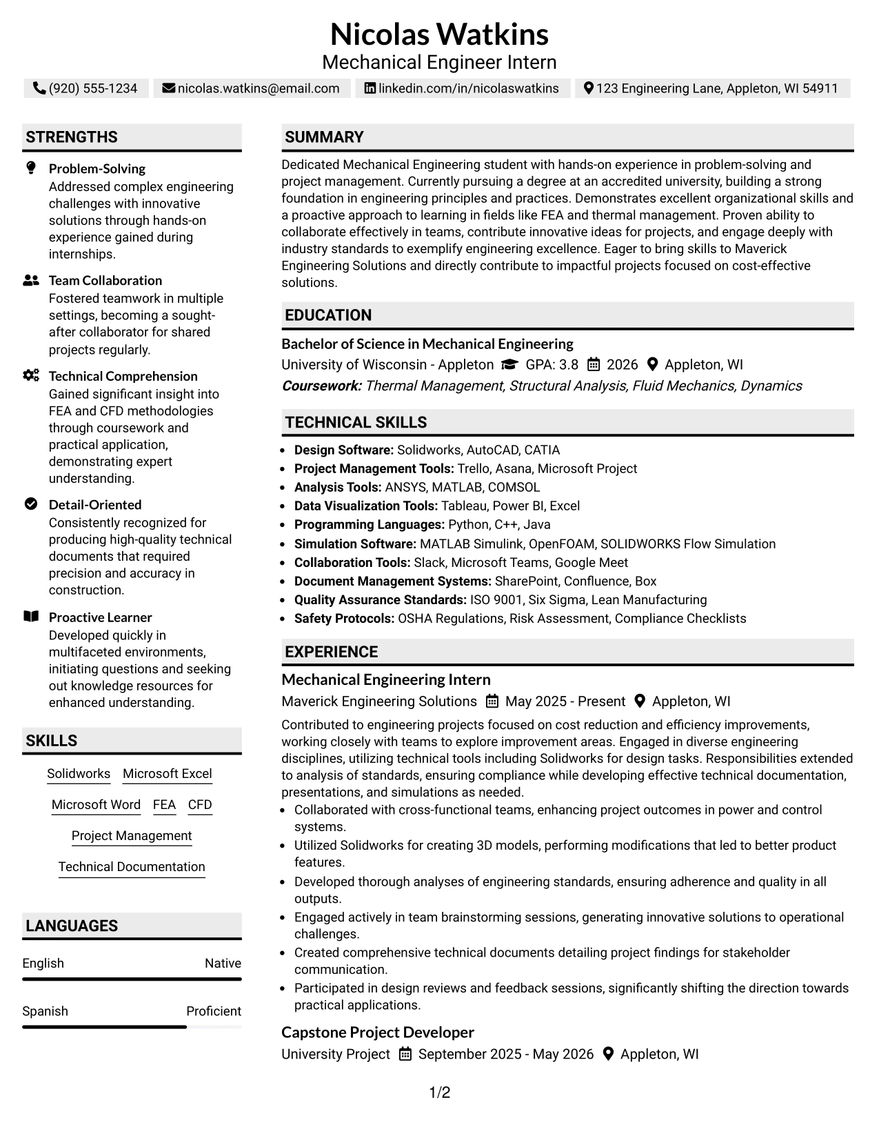 Resume Example Page 1