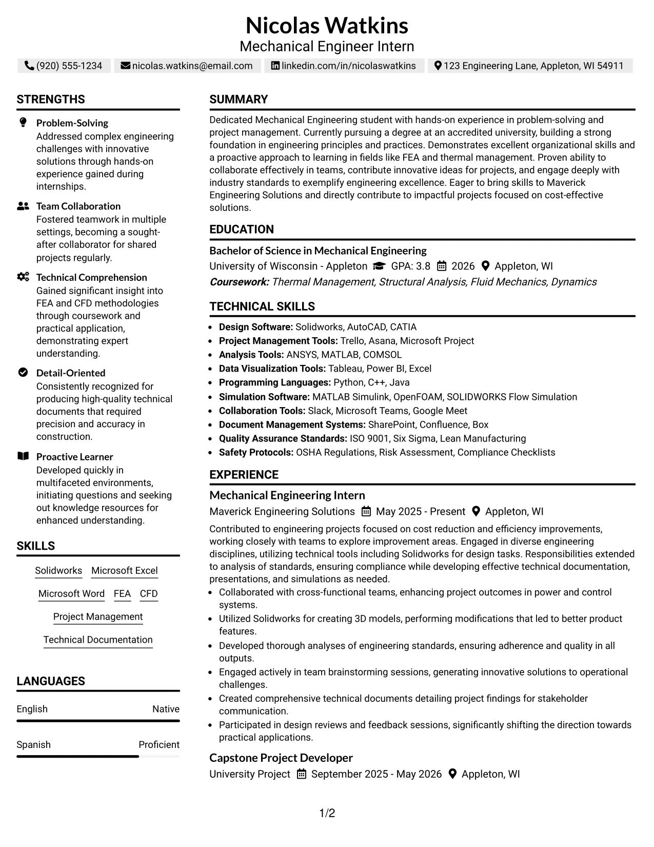 Resume Example Page 1