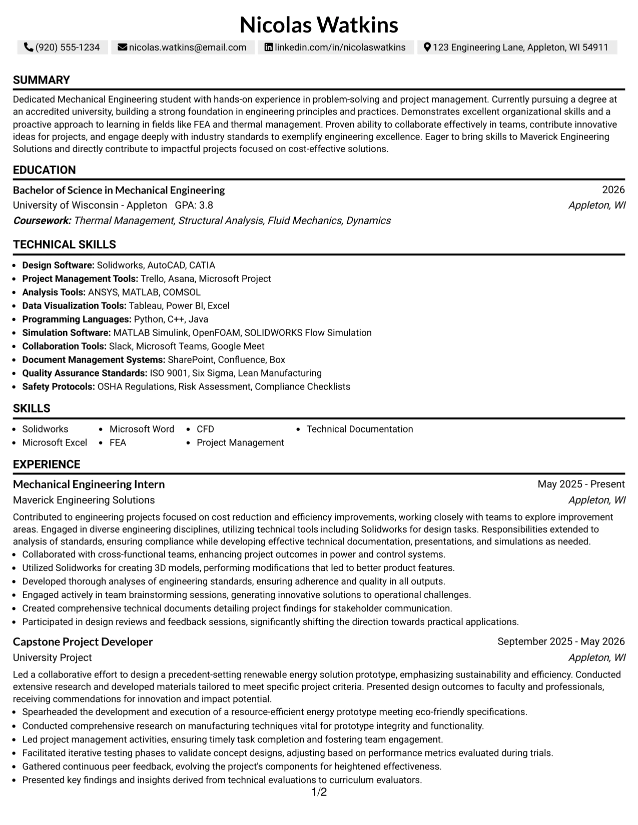 Resume Example Page 1