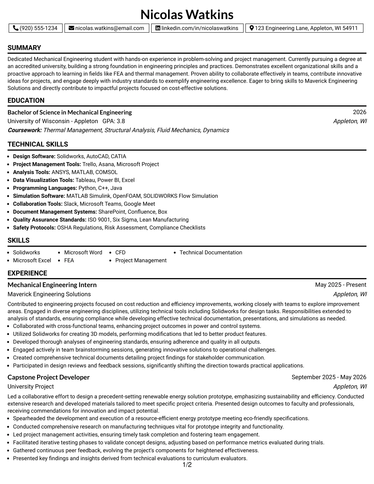 Resume Example Page 1